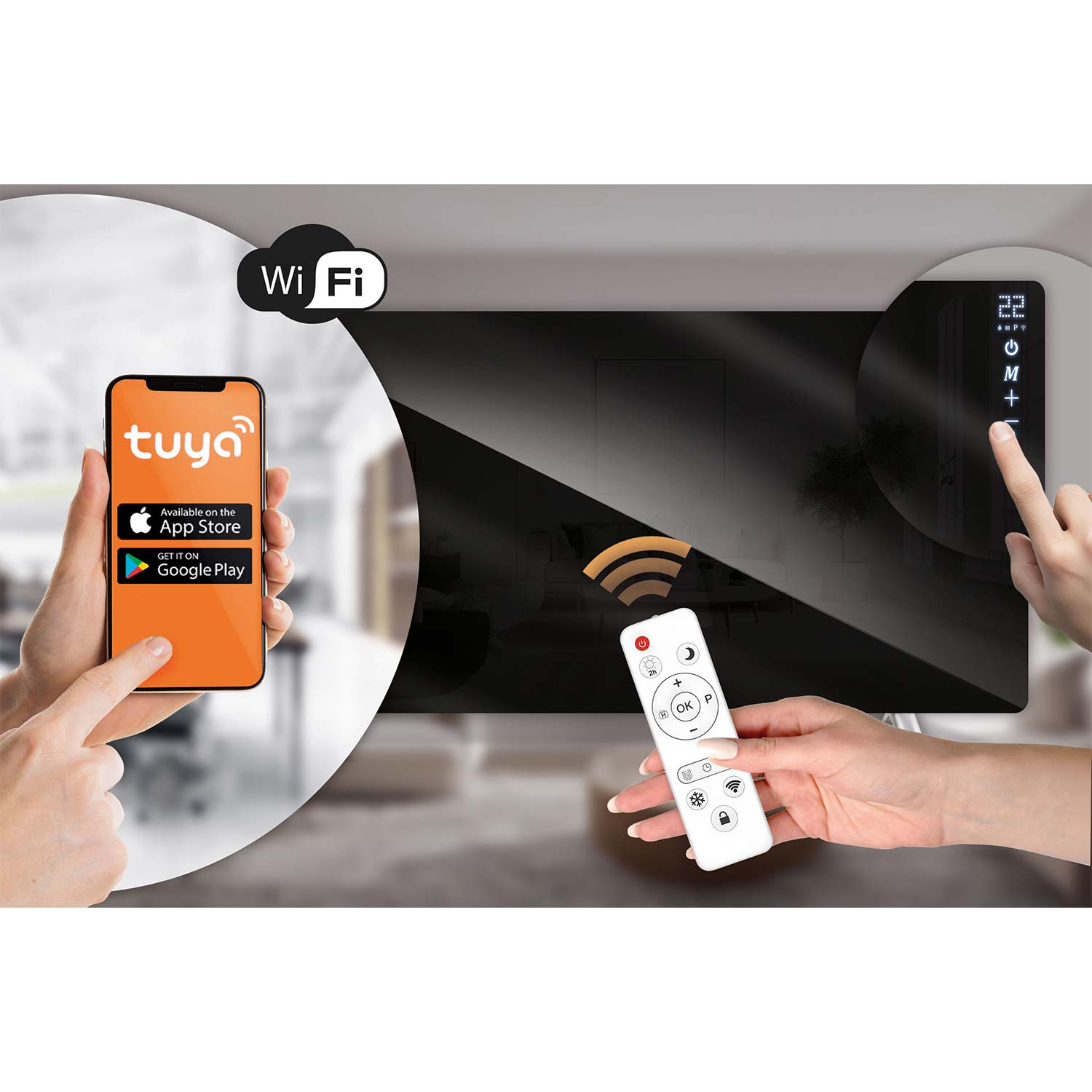 Inteligentny grzejnik sterowany aplikacją, Wi-Fi, pilotem lub panelem dotykowym.