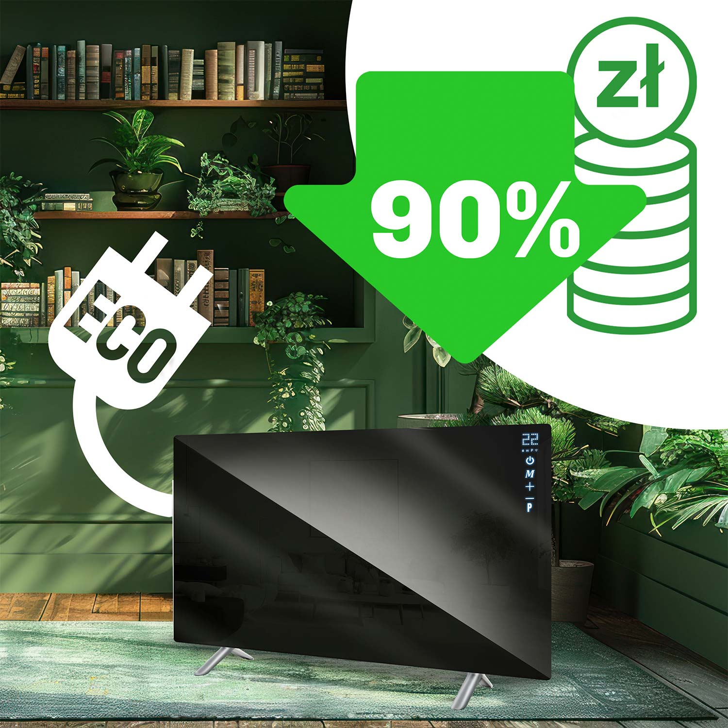Czarny grzejnik na zielonym tle z ikoną zniżki 90 procent i wtyczką.
