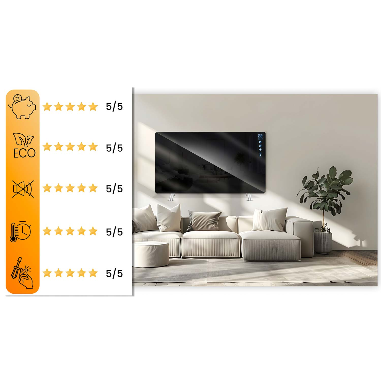 Czarny grzejnik ścienny w jasnym salonie, obok pionowego panelu z pięcioma ocenami 5/5 gwiazdek.