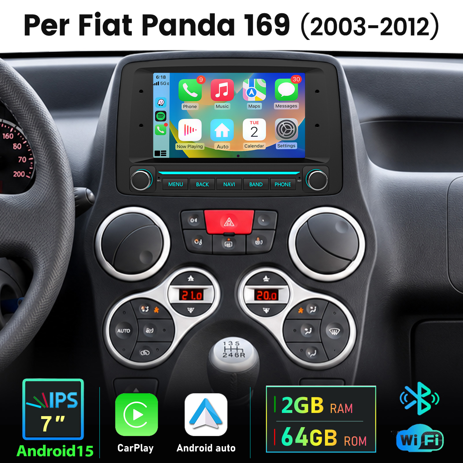 Deska rozdzielcza Fiata Panda z systemem infotainment CarPlay, klimatyzacją i dźwignią zmiany biegów.