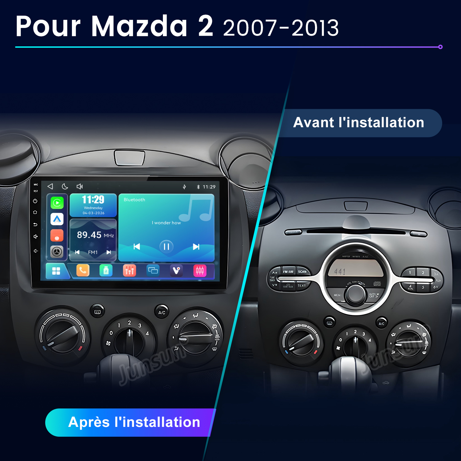 Porównanie konsoli Mazda 2 przed i po instalacji ekranu dotykowego.