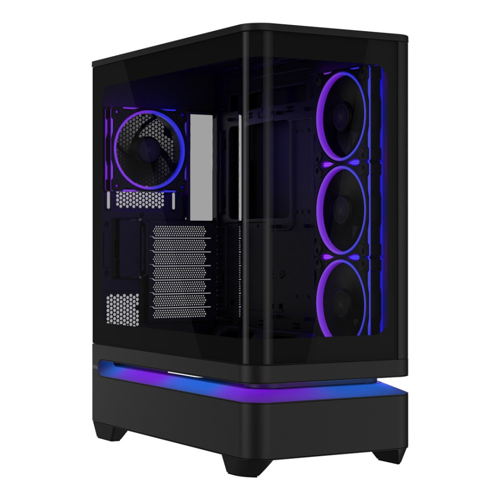 Czarna obudowa PC ze szklanym frontem, fioletowo podświetlanymi wentylatorami i paskiem RGB u podstawy.
