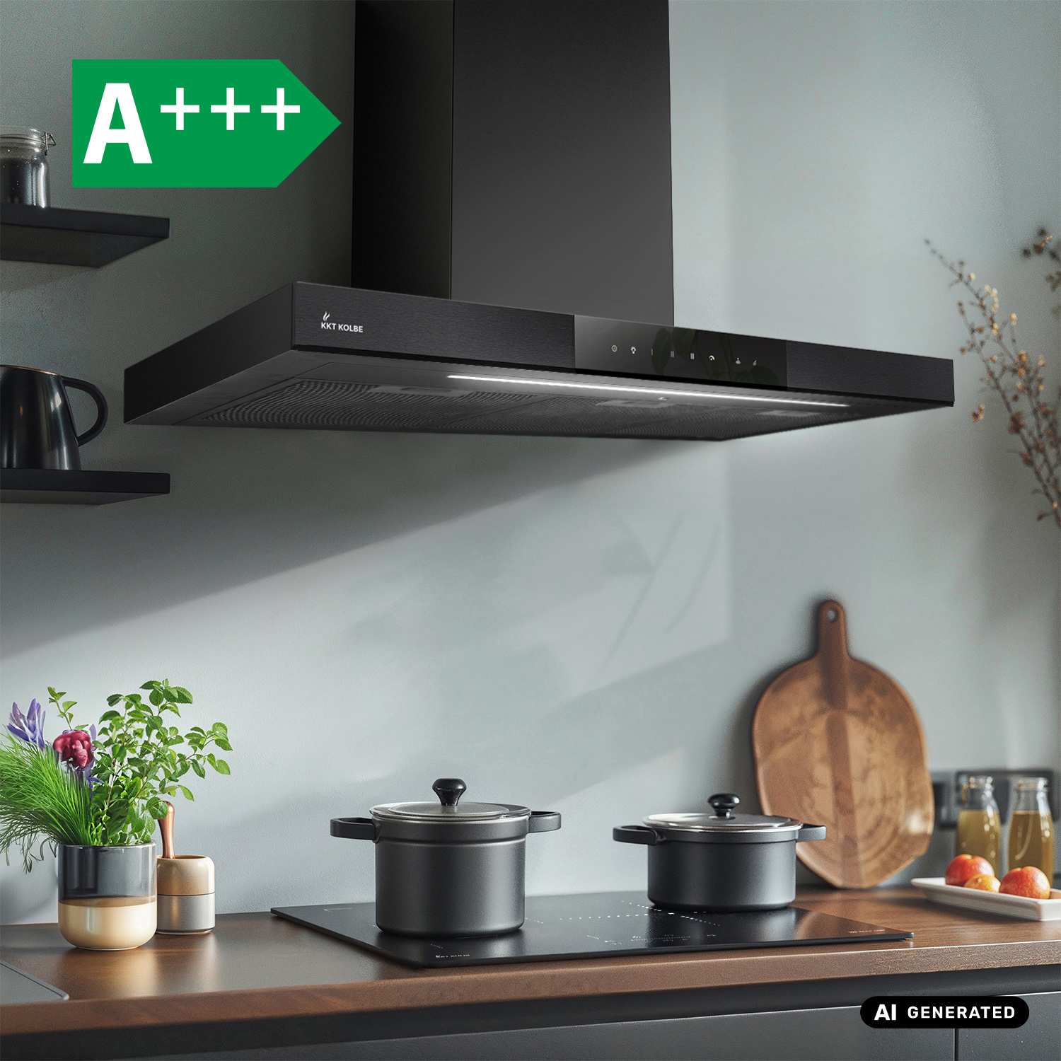 Moderna cappa aspirante nera sopra piano cottura con pentole, erbe e tagliere in cucina.
