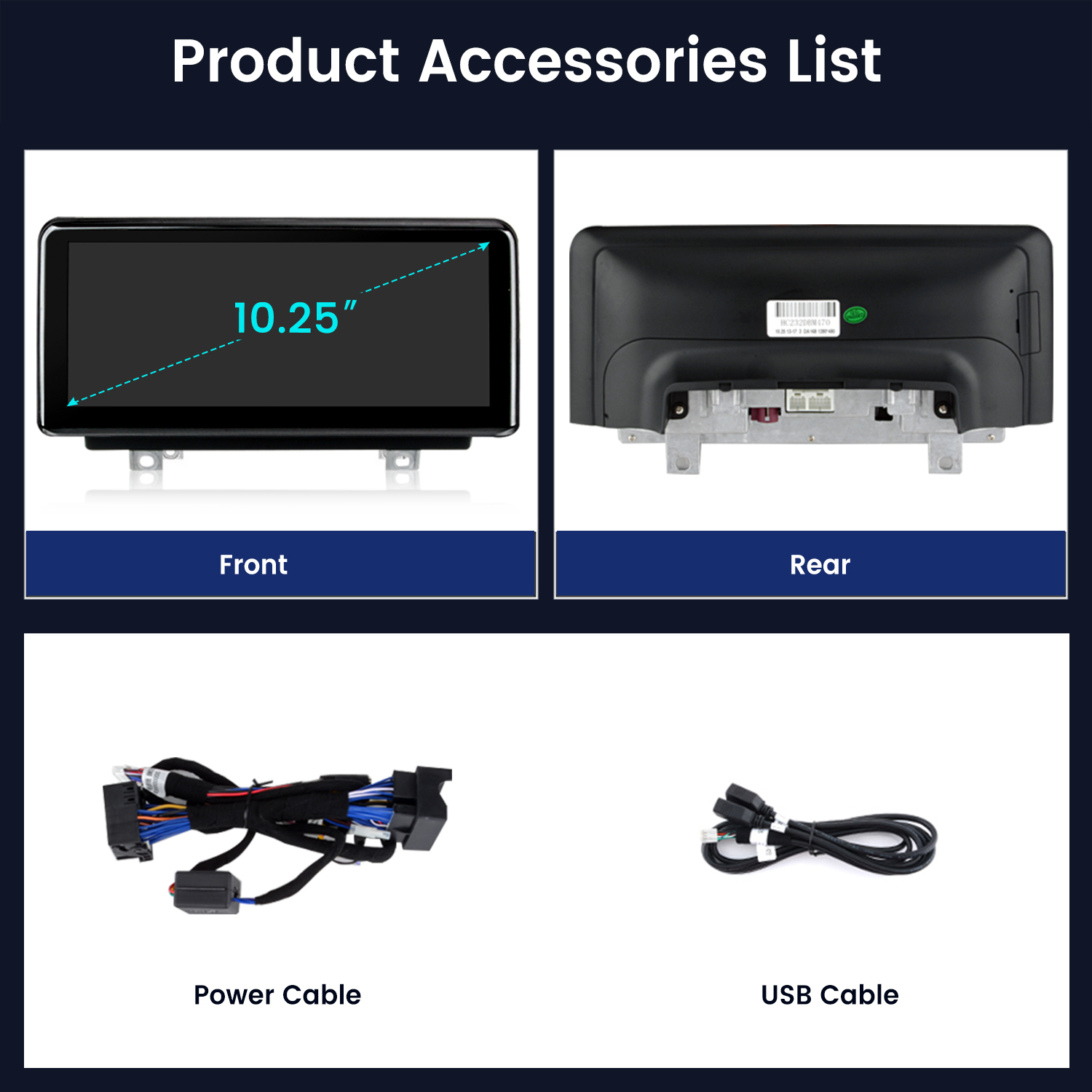 Lista akcesoriów z widokiem z przodu i z tyłu ekranu 10,25 cala, kabla zasilającego i kabla USB.