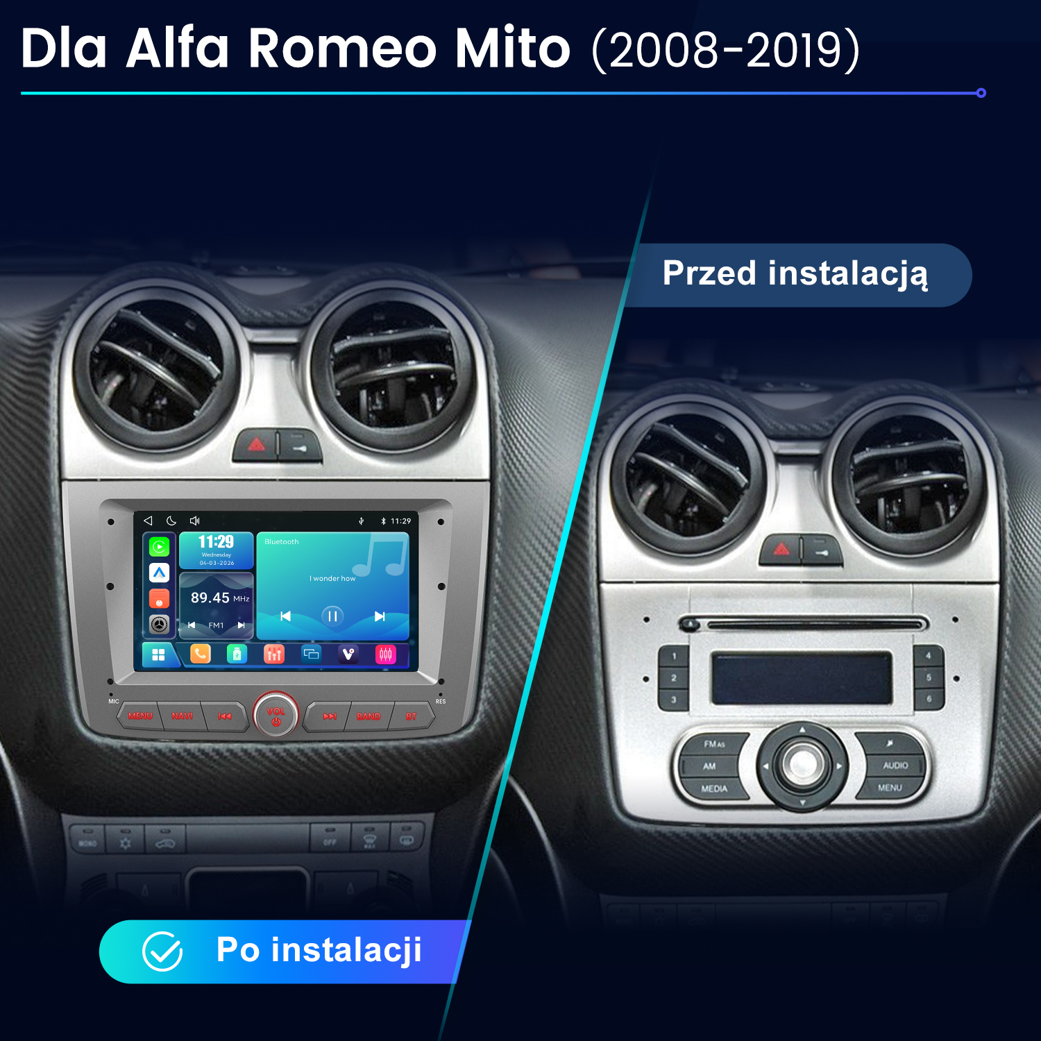 Porównanie konsoli Alfa Romeo Mito przed i po instalacji radia multimedialnego.