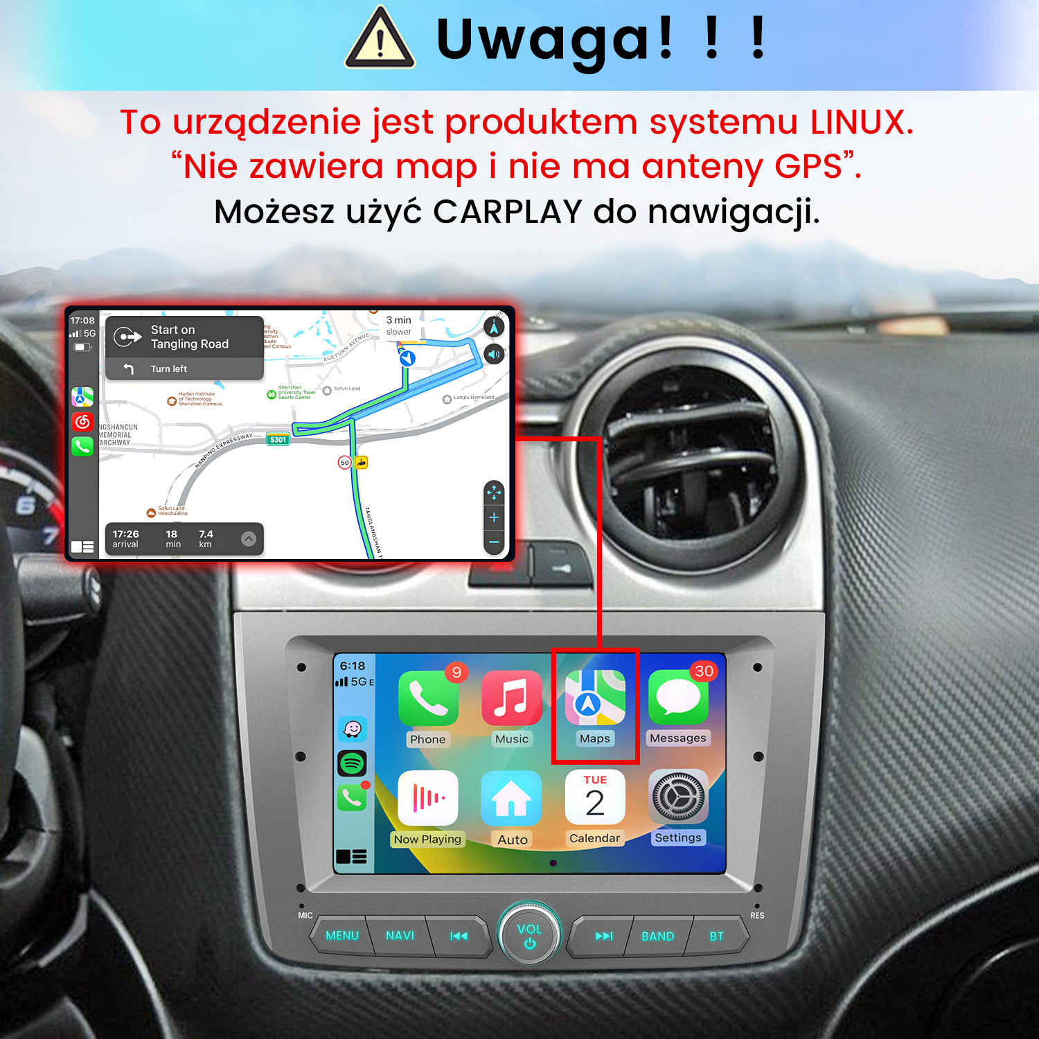 Deska rozdzielcza auta z ekranem systemu Linux, nawigacją CarPlay i ostrzeżeniem w języku polskim.