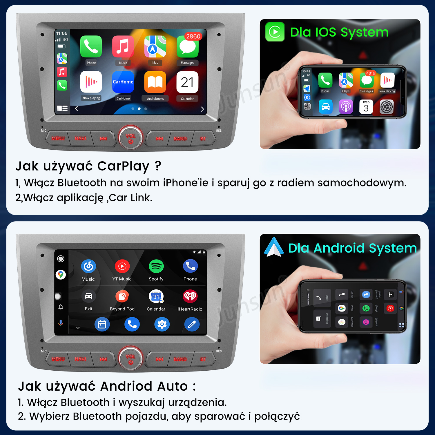 Instrukcja obsługi CarPlay i Android Auto na ekranie radia samochodowego z parowaniem smartfona.