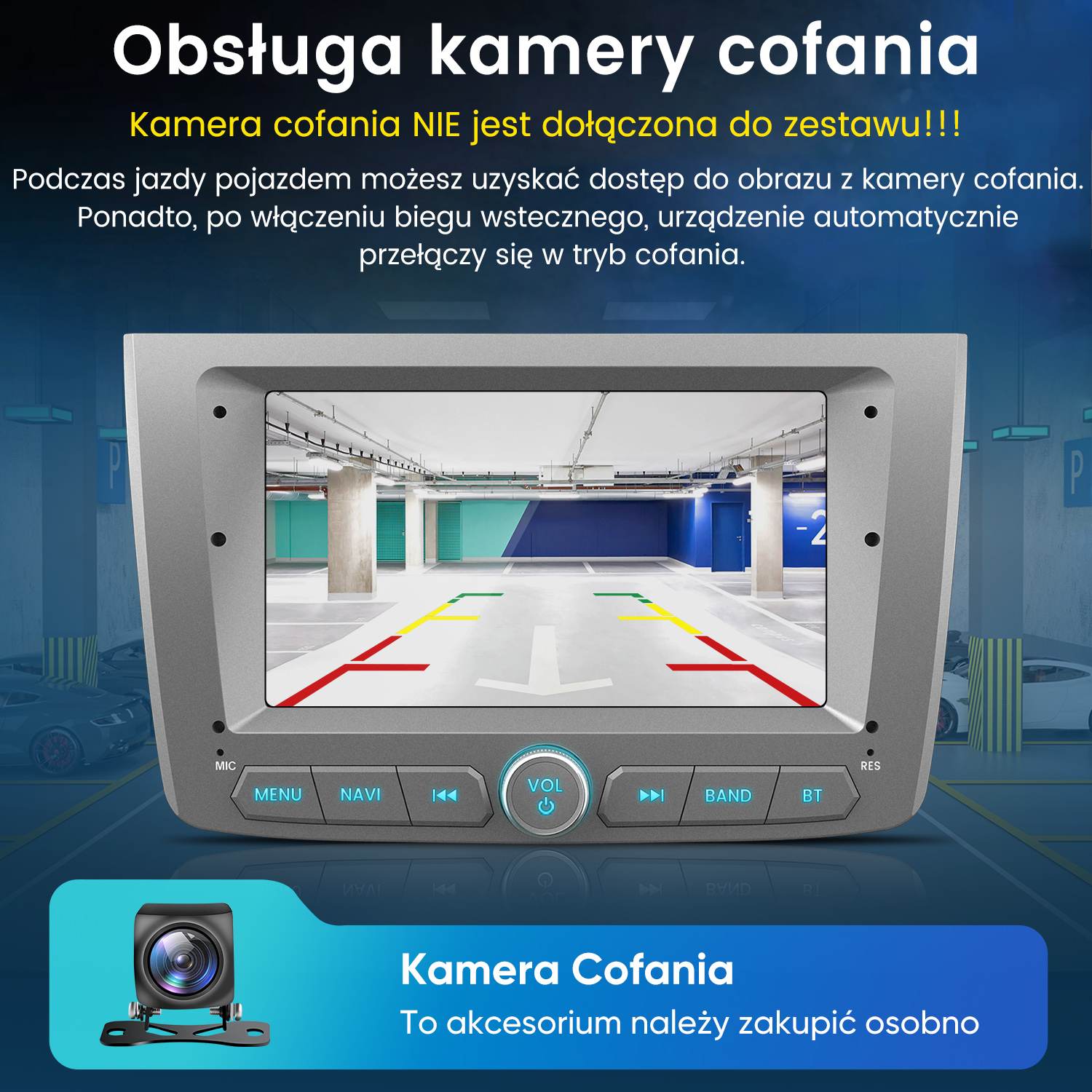 Radio samochodowe z ekranem pokazującym widok kamery cofania na parkingu.