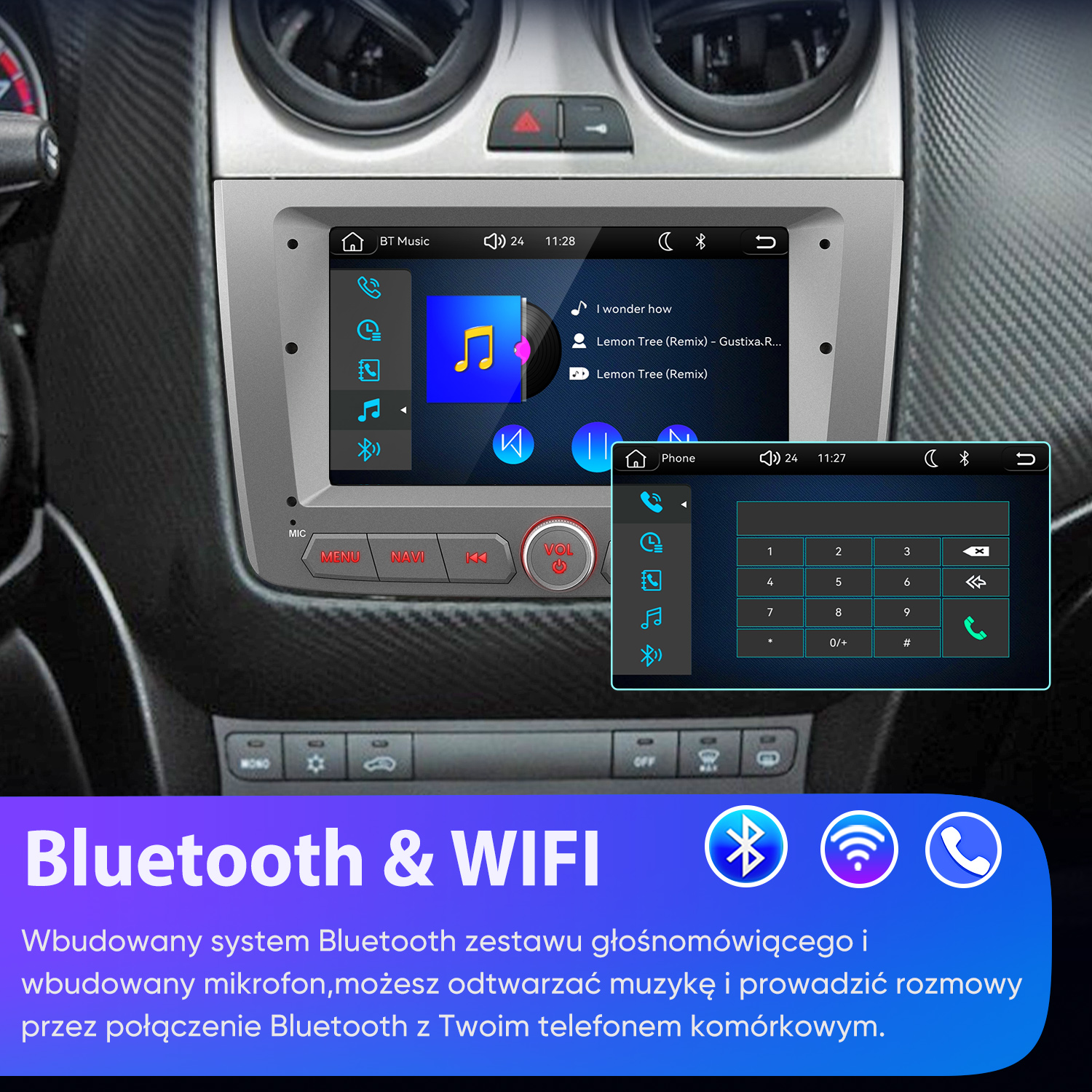 Samochodowy system audio wyświetla muzykę i funkcje telefonu, z ikonami Bluetooth i Wi-Fi na dole.