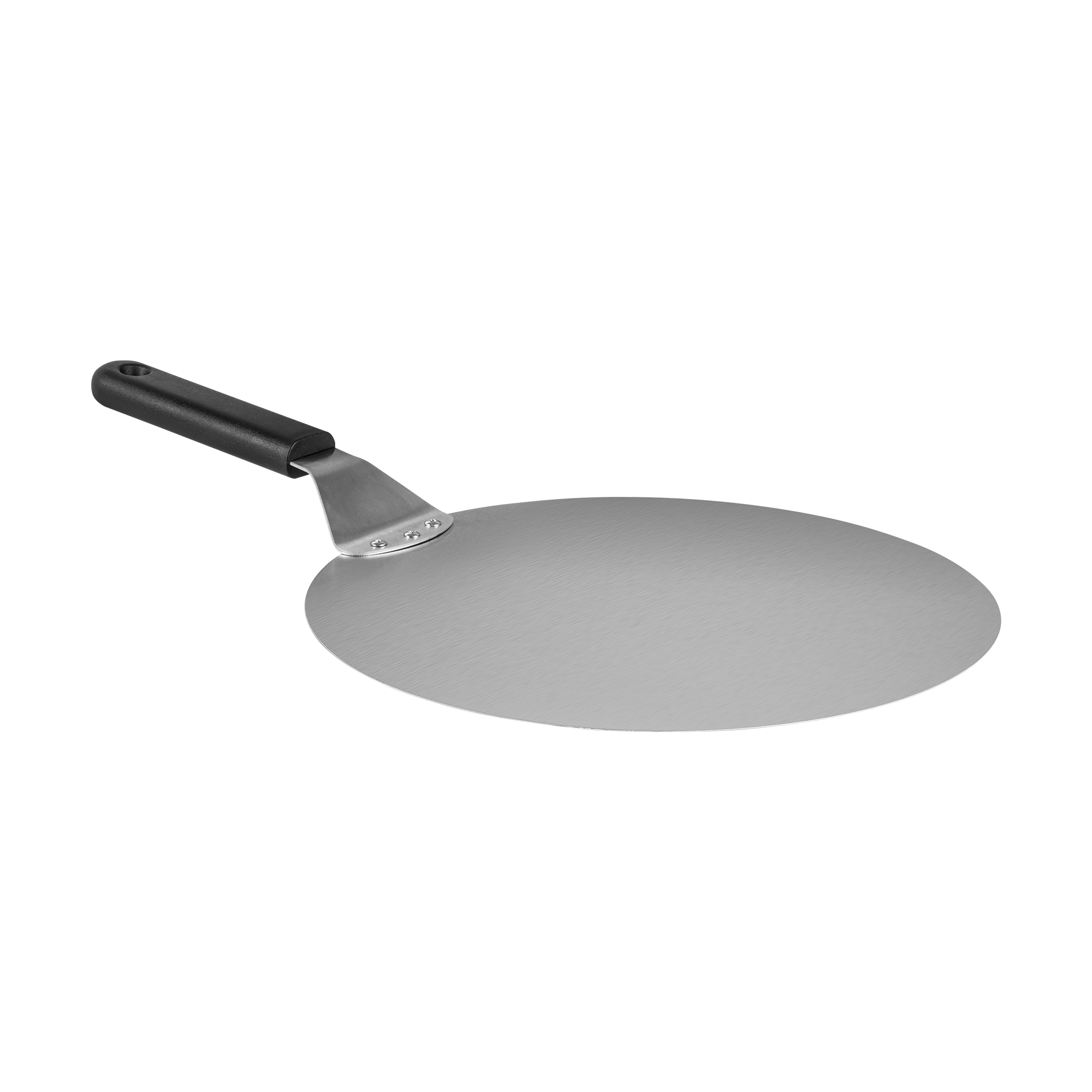 Metalowa łopata do pizzy z okrągłym ostrzem i czarną rączką na czarnym tle.