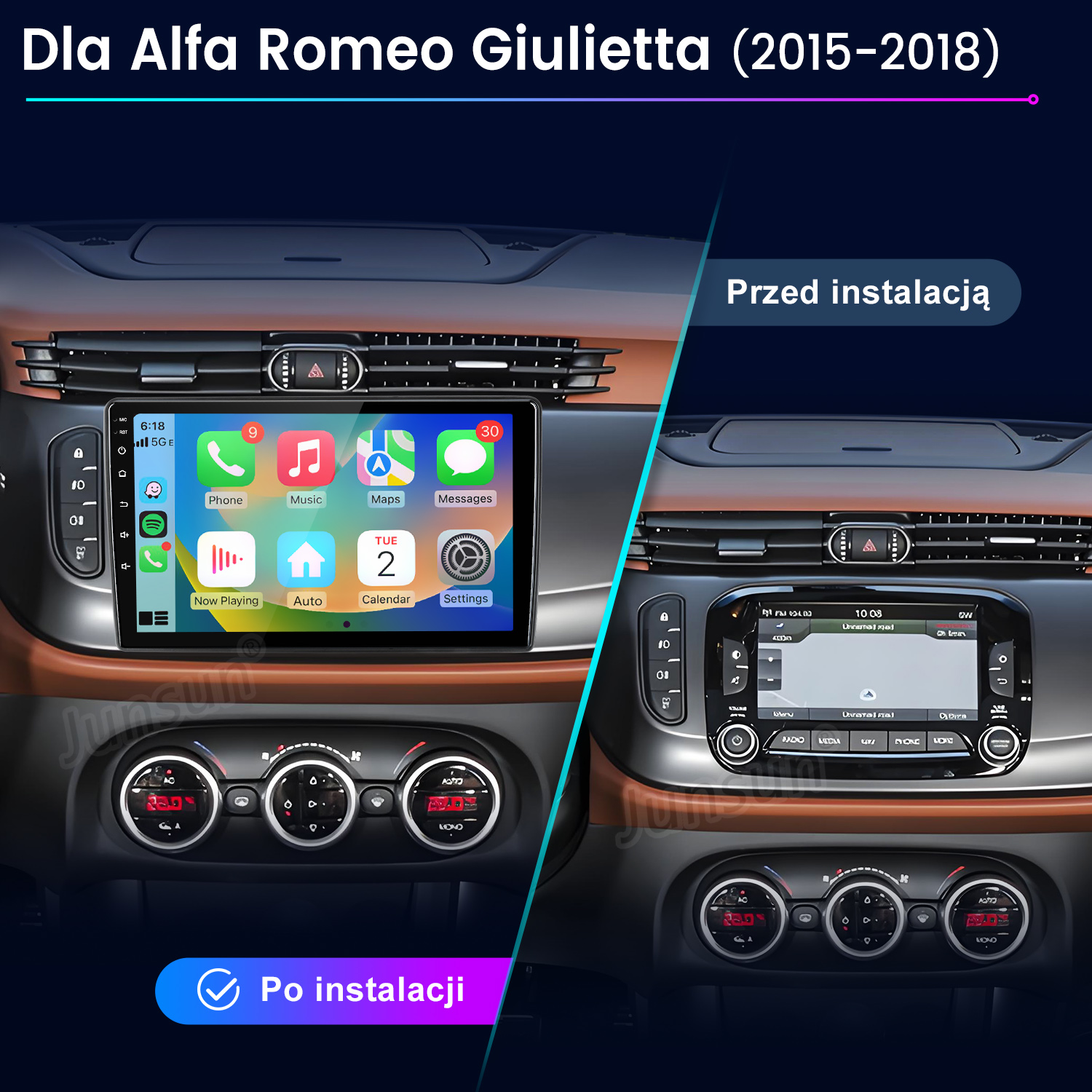 Porównanie konsoli środkowej Alfa Romeo Giulietta przed i po instalacji nowego systemu multimedialnego.