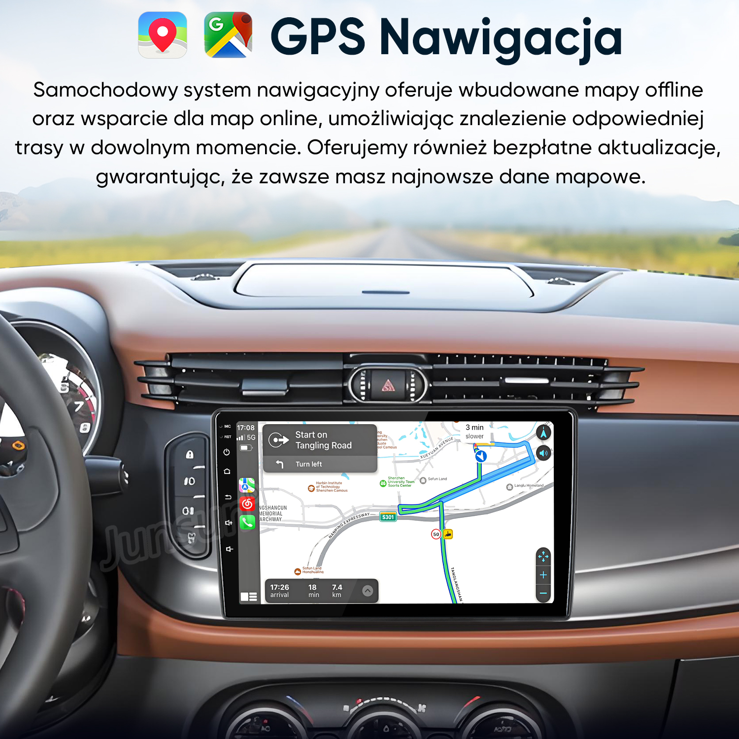 Ekran nawigacji GPS zamontowany na desce rozdzielczej samochodu wyświetla mapę.