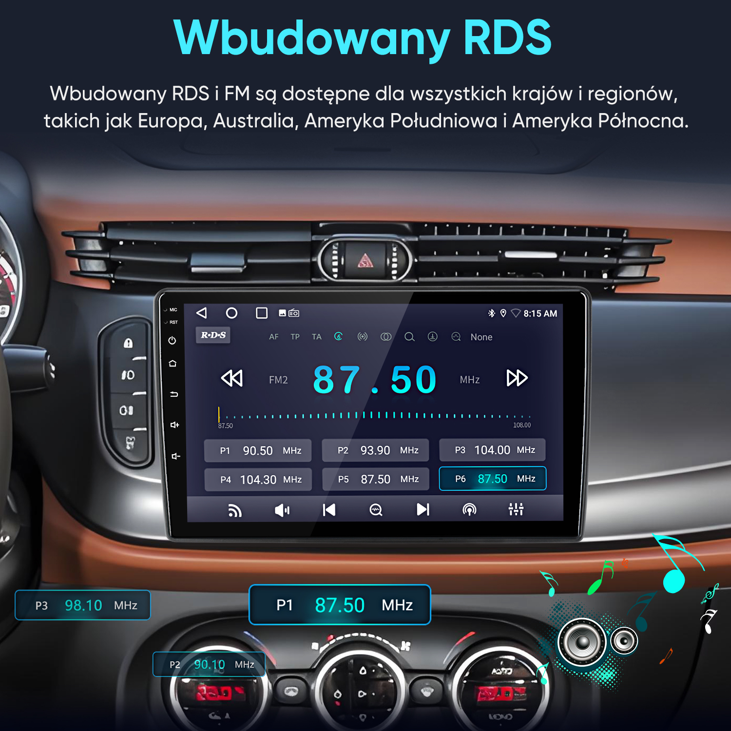 Deska rozdzielcza samochodu z cyfrowym wyświetlaczem radia pokazującym częstotliwość FM 87,50 MHz.