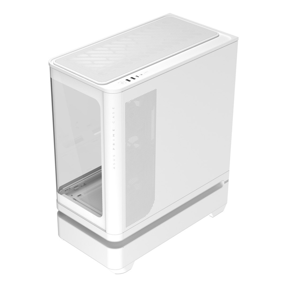 Biała obudowa PC Asus Prime ze szklanym frontem i panelami siatkowymi na białym tle.
