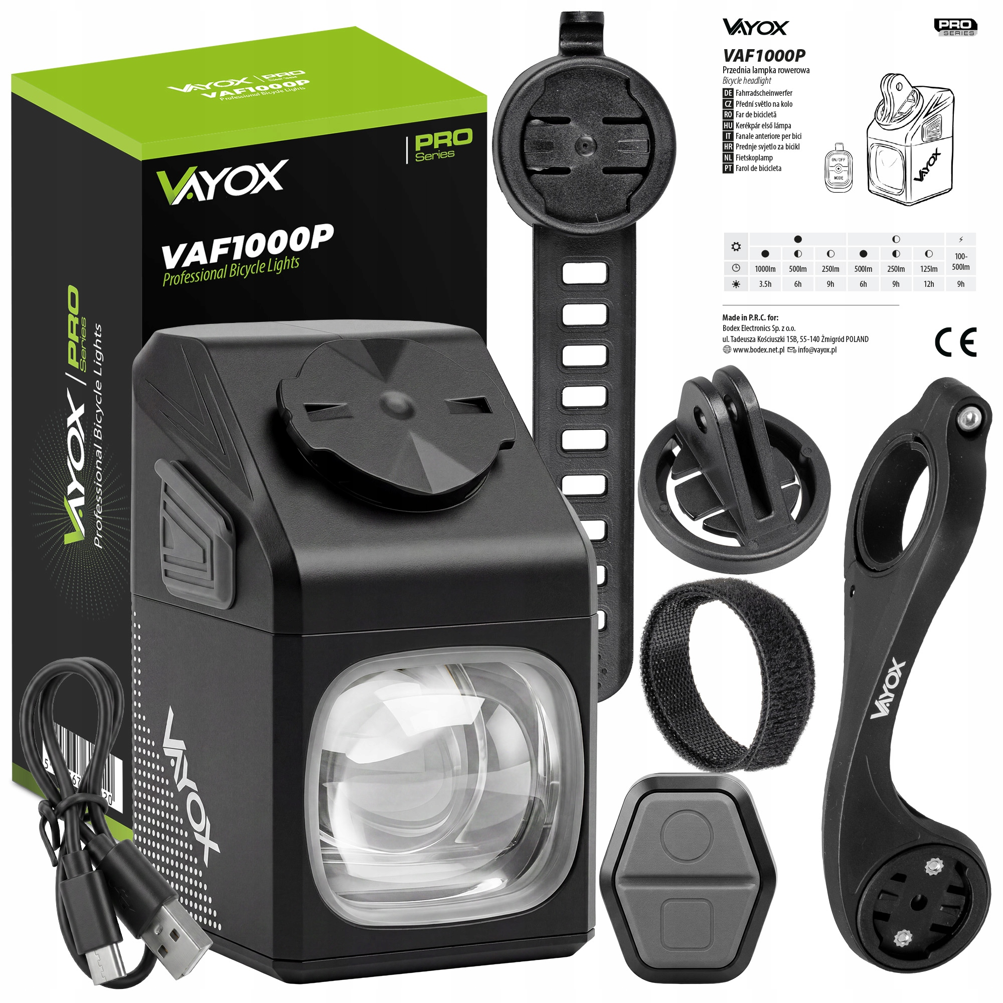 Czarna lampka rowerowa Vayox VAF1000P z pudełkiem, uchwytami, kablem USB i akcesoriami na białym tle.