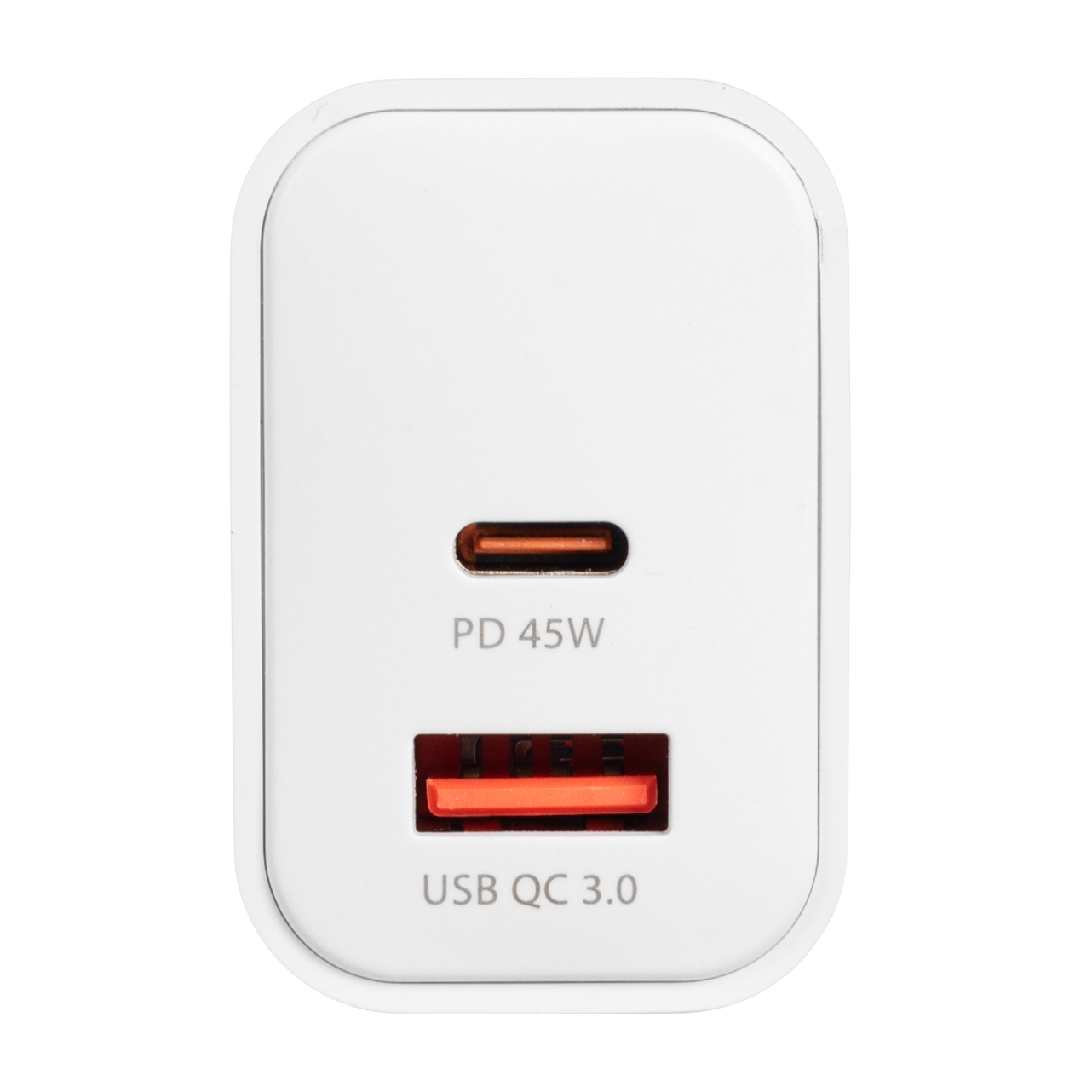 Fehér USB töltő egy PD 45W és egy USB QC 3.0 porttal.