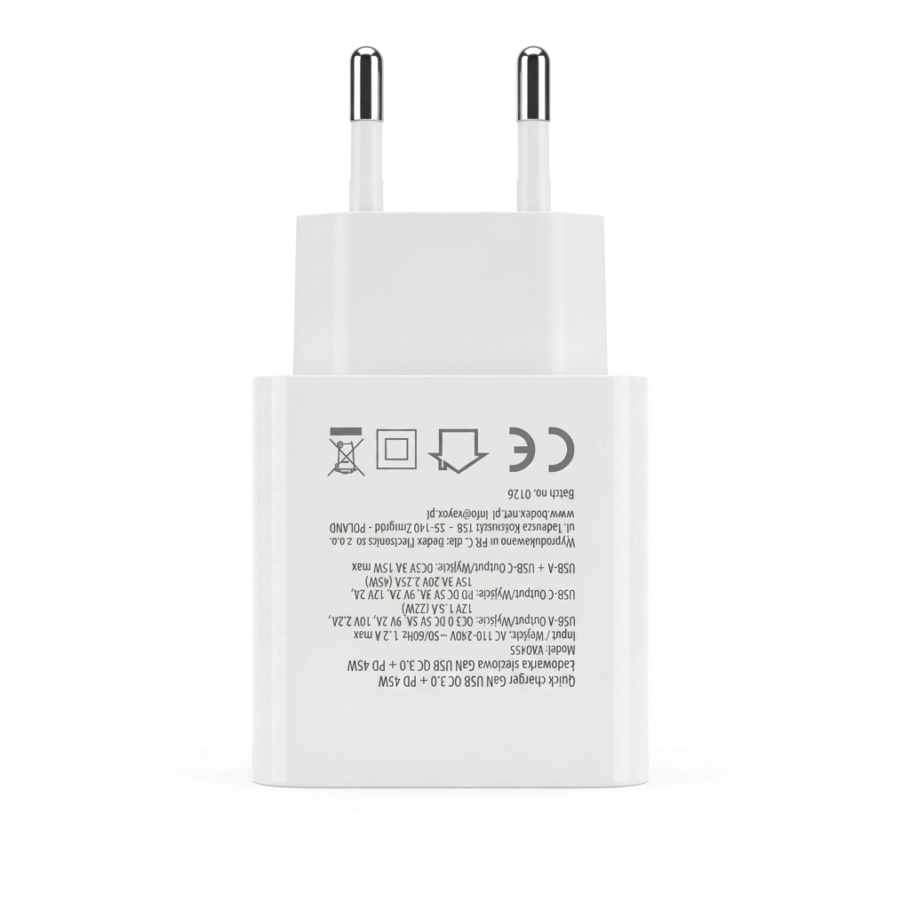 Fehér USB gyorstöltő csatlakozóval és nyomtatott m űszaki adatokkal az előlapon.