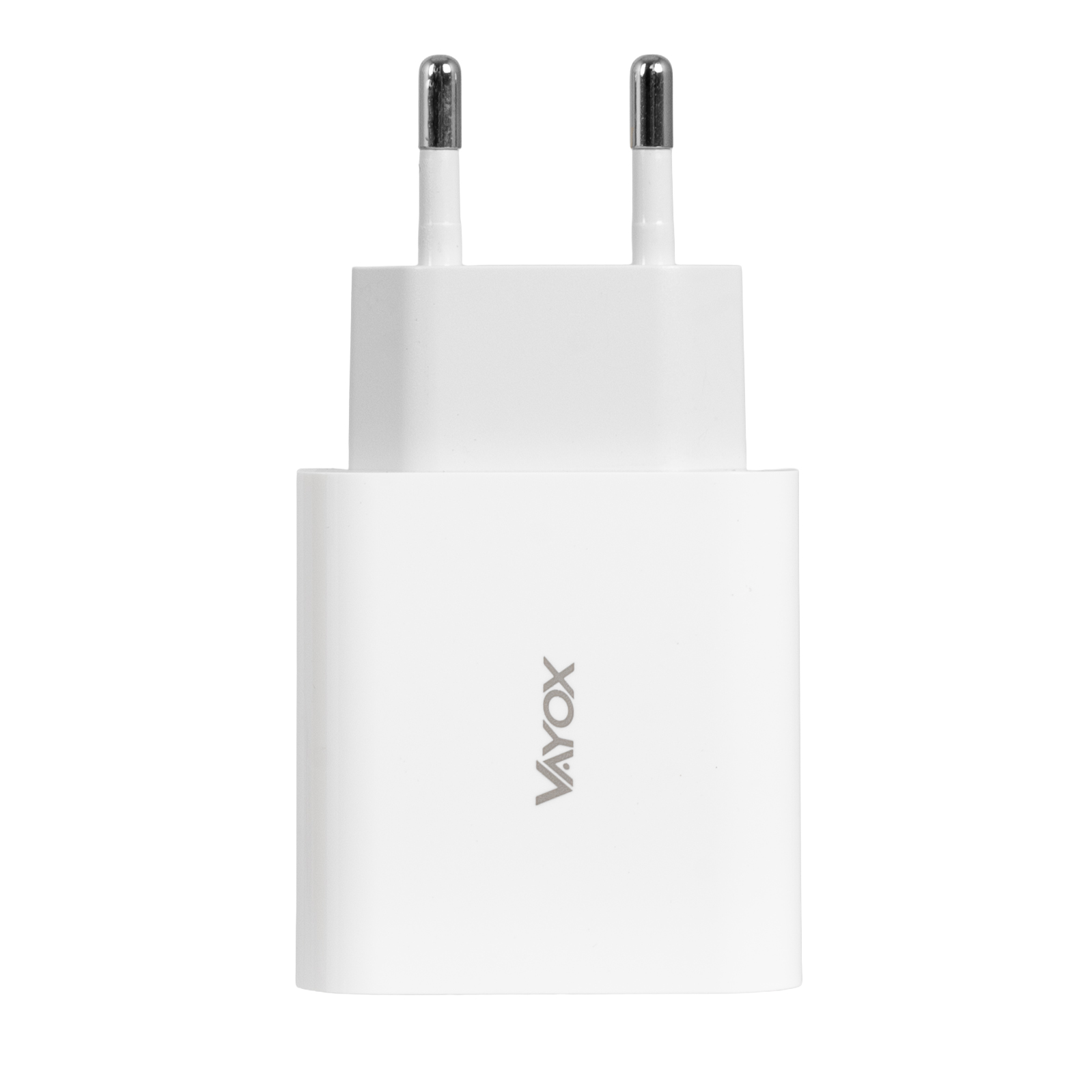 Egy fehér Vayox USB töltő két kerek fém érintkezővel, fehér háttér előtt.
