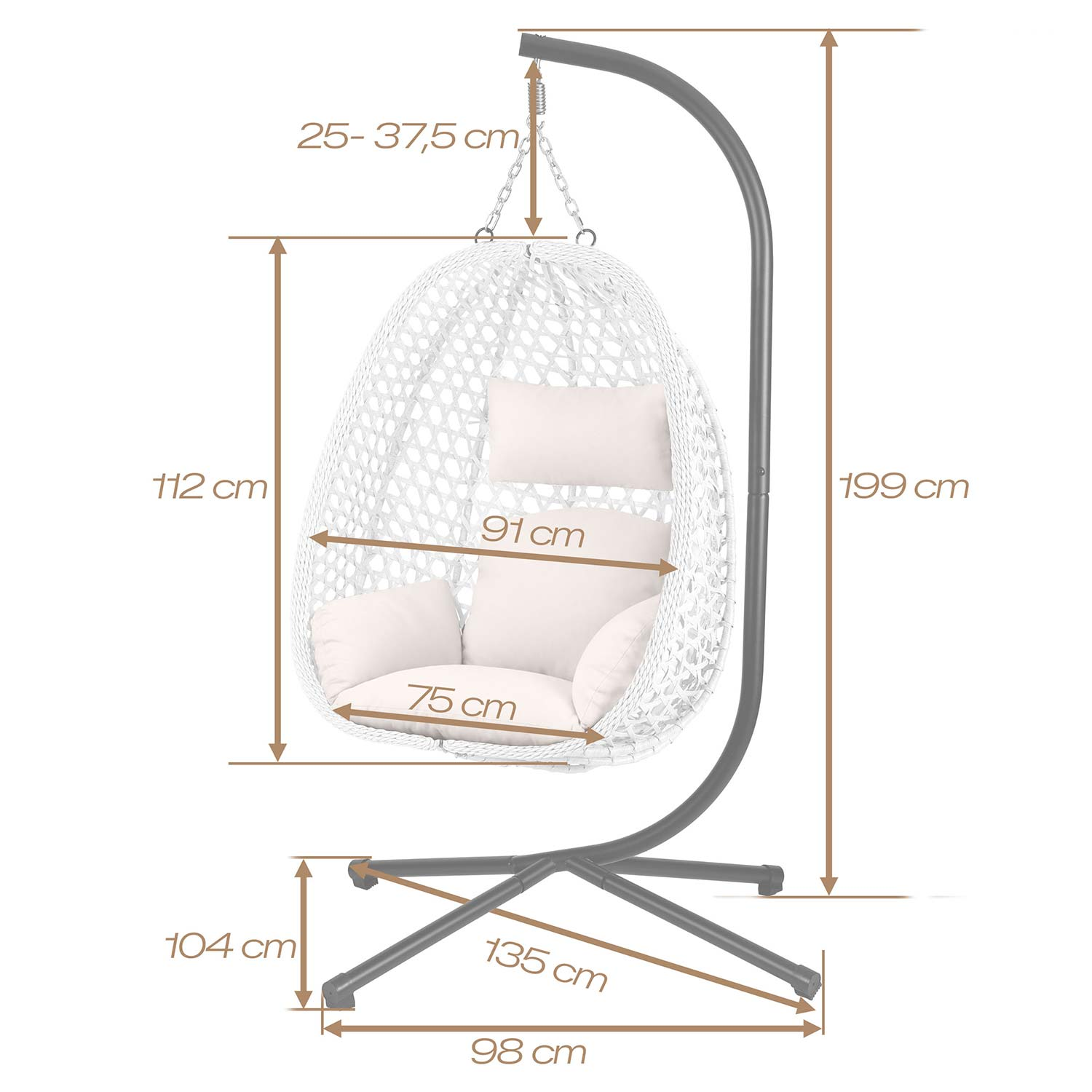 Diagram białego fotela wiszącego z poduszkami i wymiarami w cm.