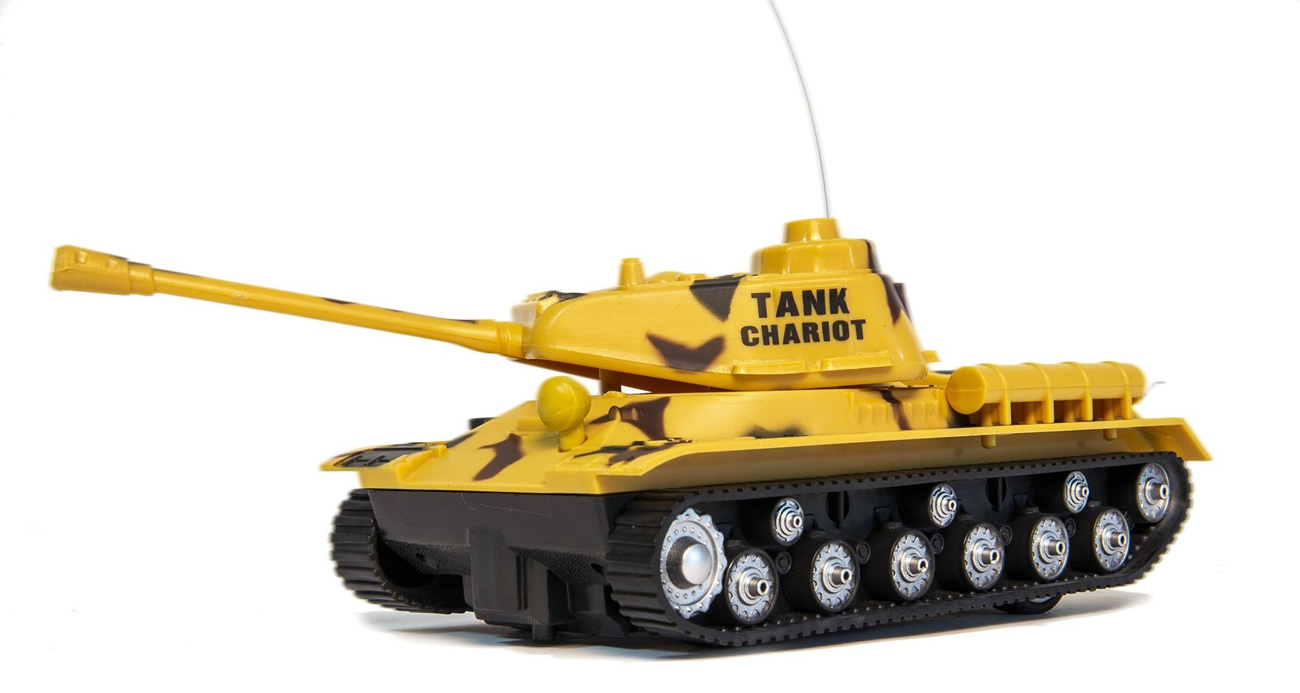 Żółto-brązowy model czołgiku zabawkowego z napisem TANK CHARIOT, na białym tle.