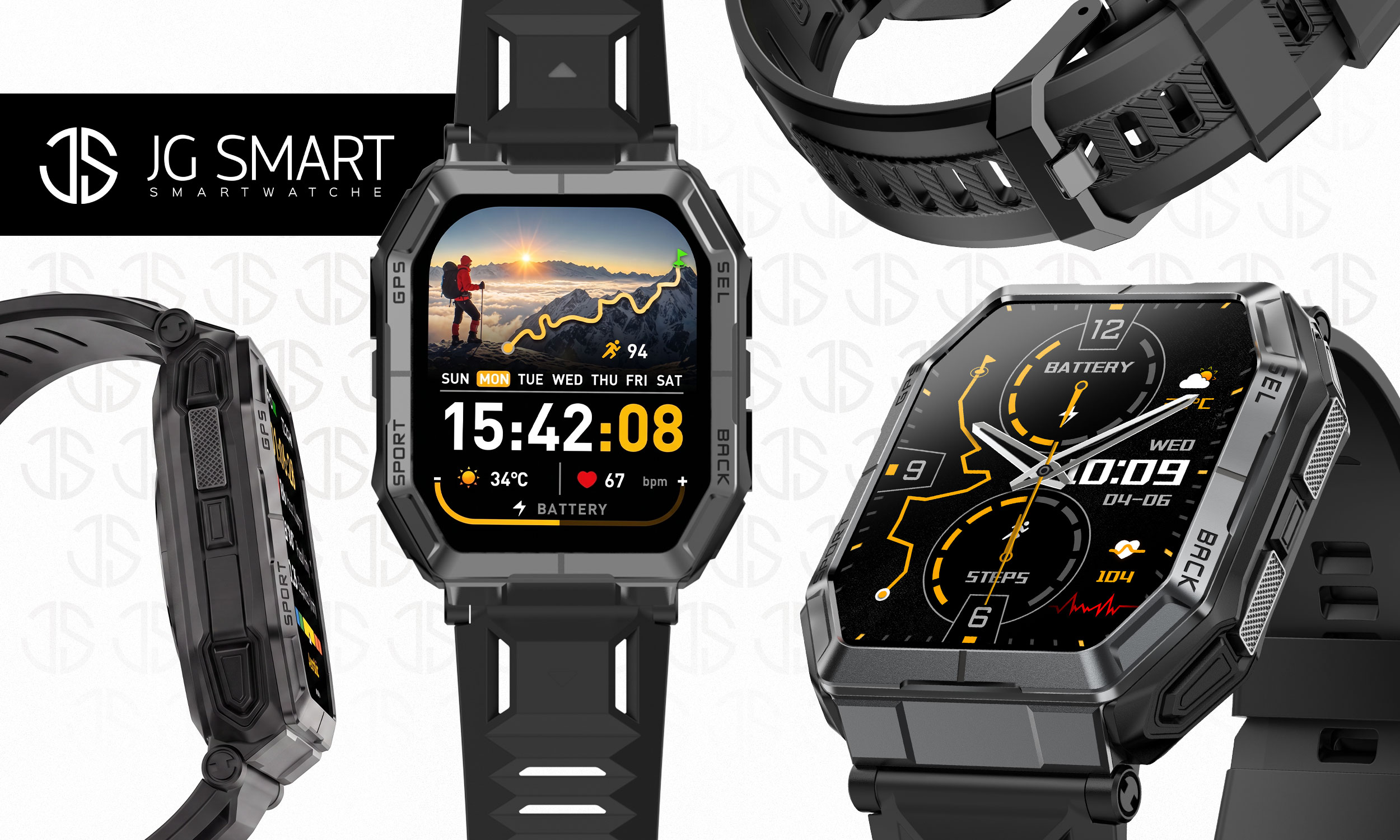 Smartwatch JG SMART MĘSKI WODOODPORNY ROZMOWY MENU PL GPS CIŚNIENIE 1000mAh Czarny