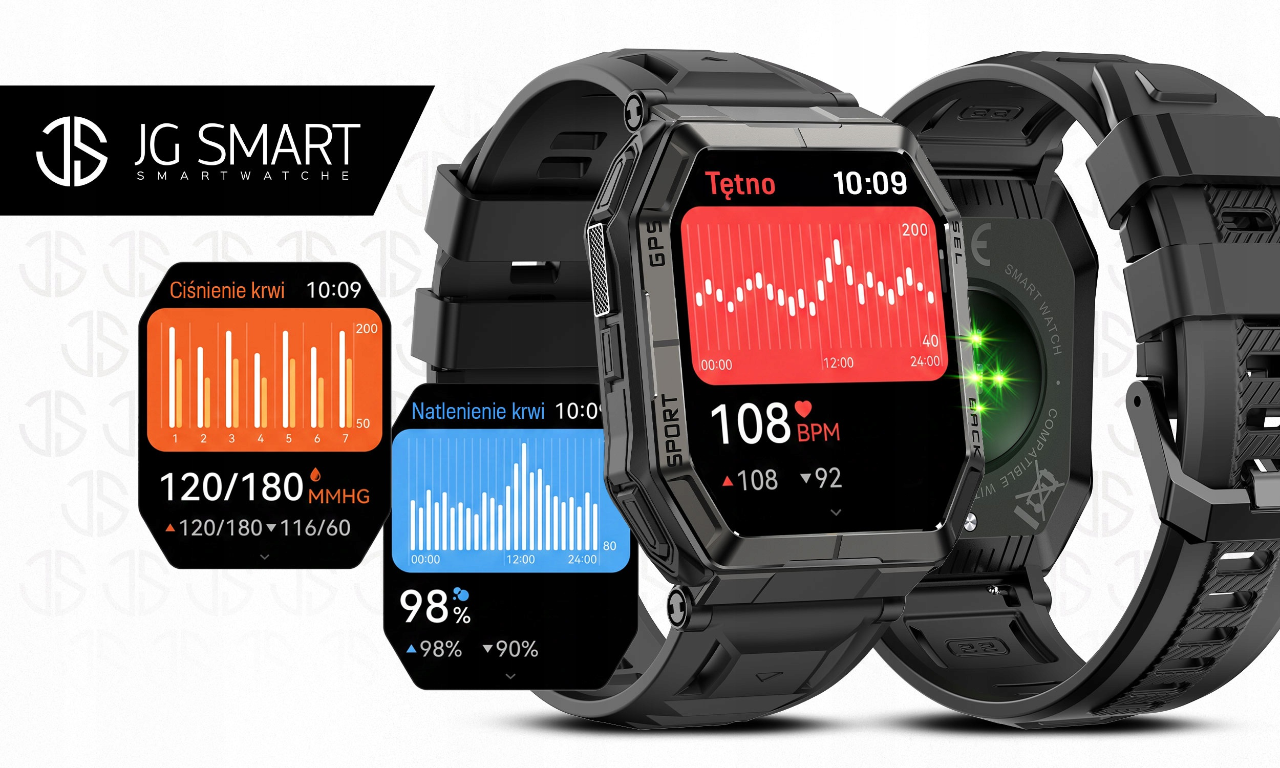 Smartwatch JG SMART MĘSKI WODOODPORNY ROZMOWY MENU PL GPS CIŚNIENIE 1000mAh Czarny