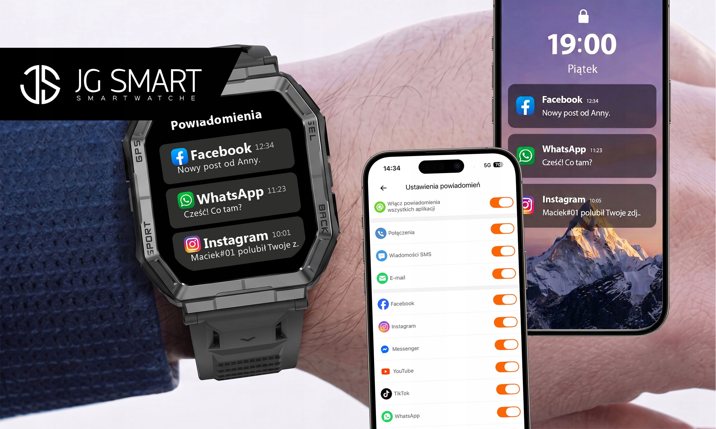 Smartwatch JG SMART MĘSKI WODOODPORNY ROZMOWY MENU PL GPS CIŚNIENIE 1000mAh Czarny