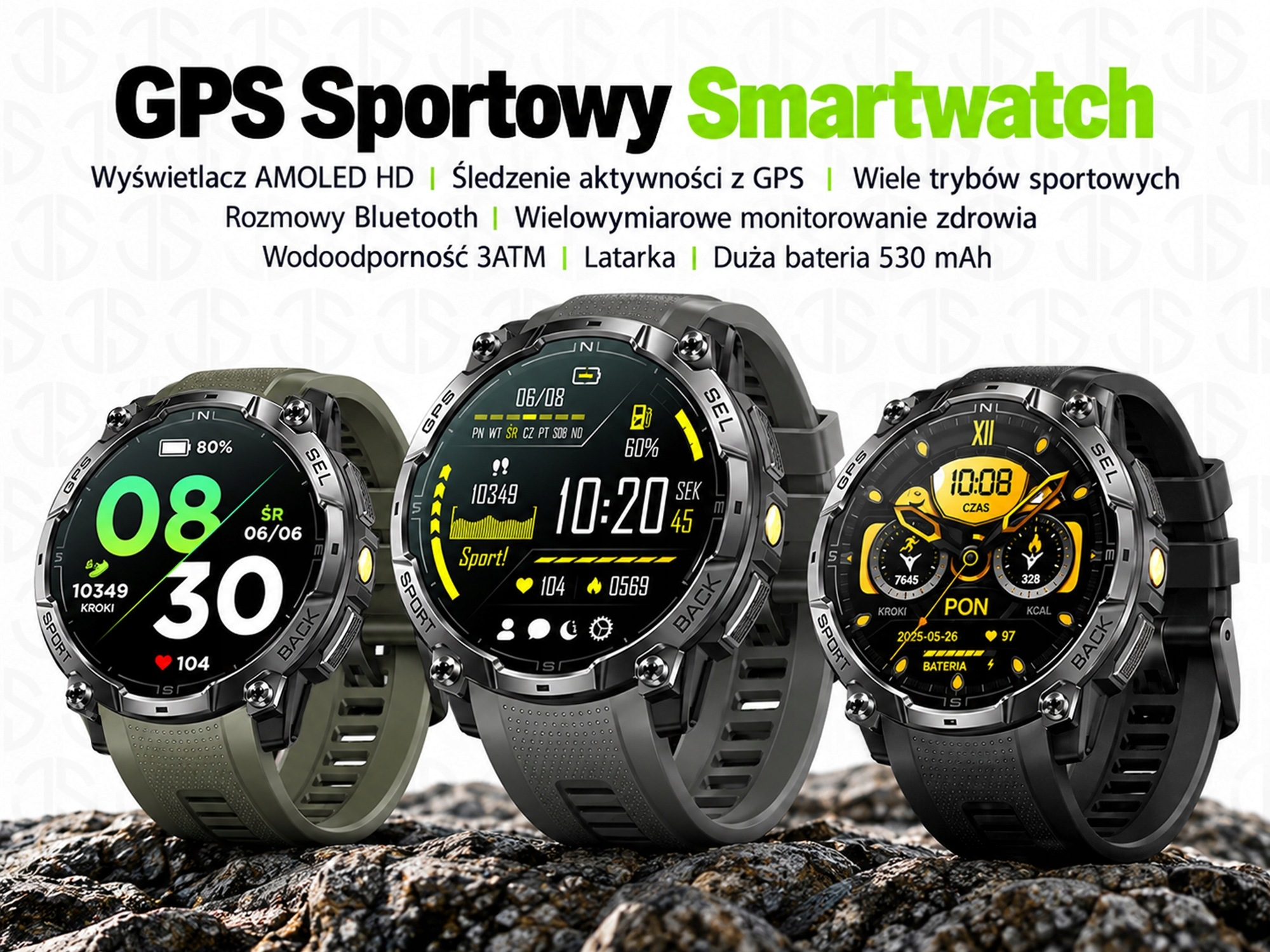 Smartwatch JG SMART Męski Wodoodporny 3ATM AMOLED GPS Latarka Kompas Menu PL Czarny
