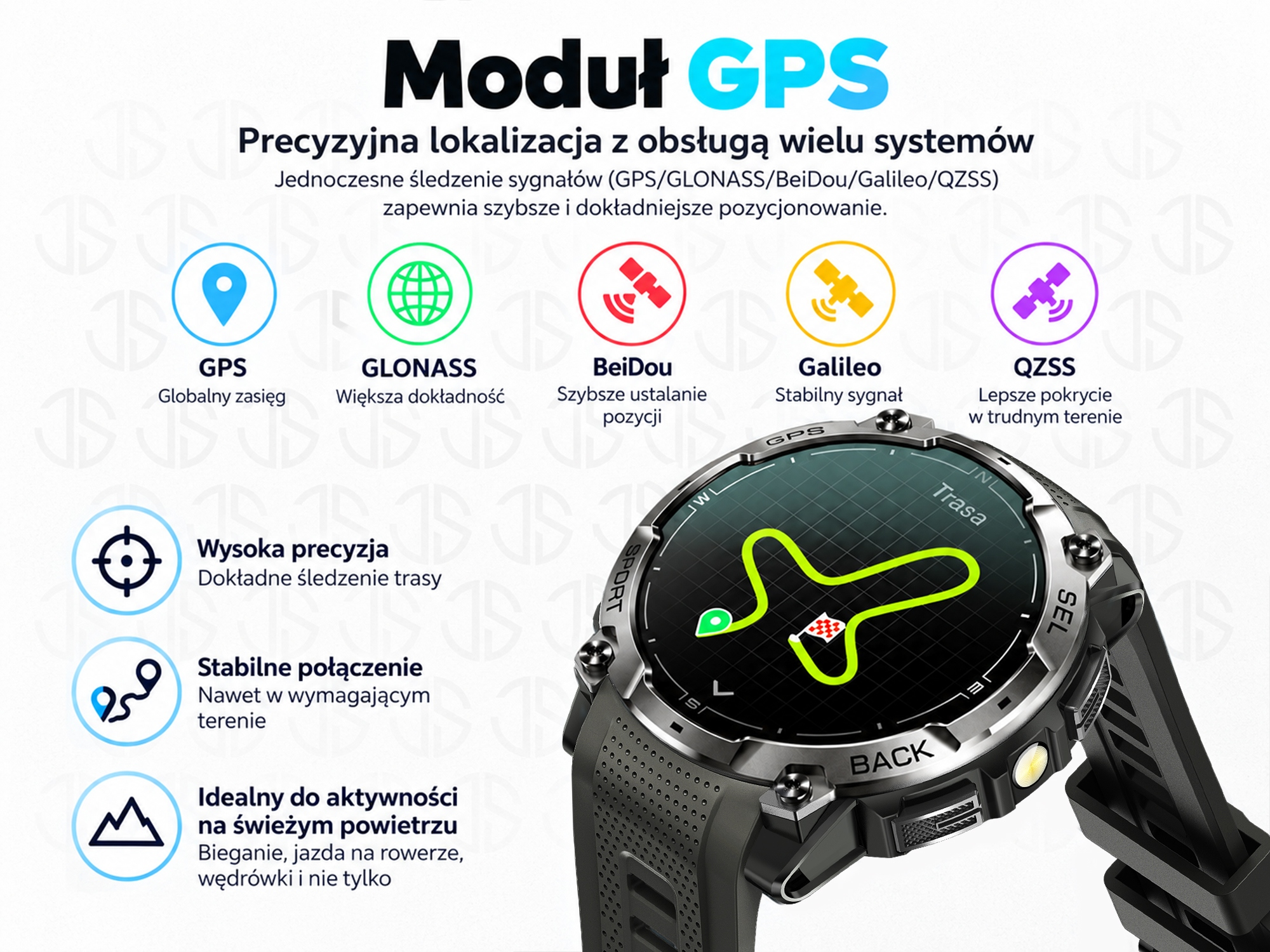 Smartwatch JG SMART Męski Wodoodporny 3ATM AMOLED GPS Latarka Kompas Menu PL Czarny