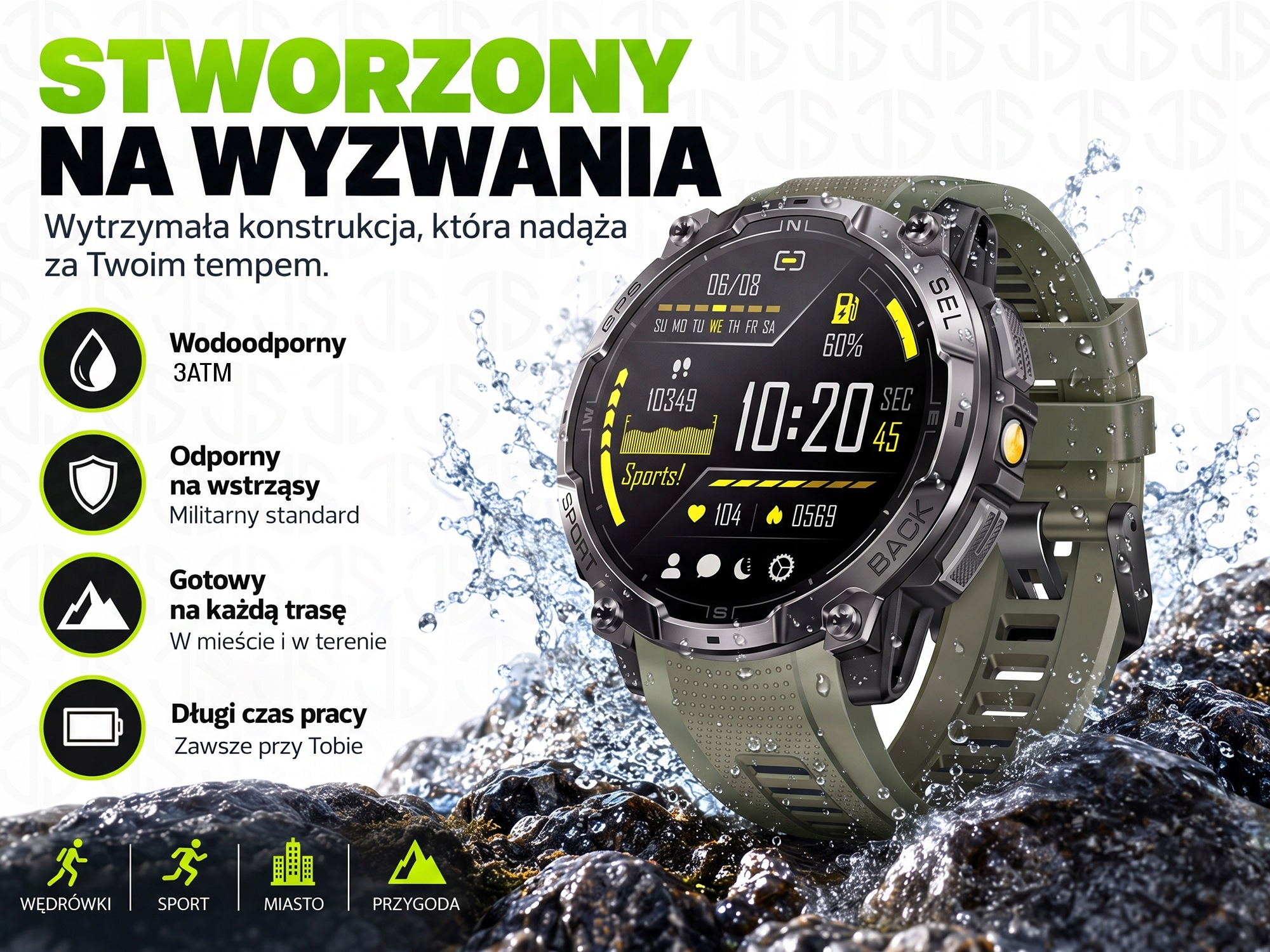 Smartwatch JG SMART Męski Wodoodporny 3ATM AMOLED GPS Latarka Kompas Menu PL Czarny