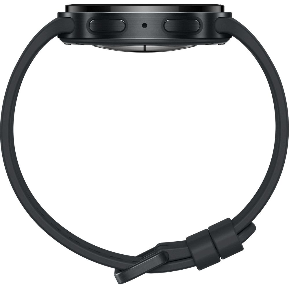 Schwarze Smartwatch von der Seite mit zwei Knöpfen, Mikrofon und flexiblem Armband.
