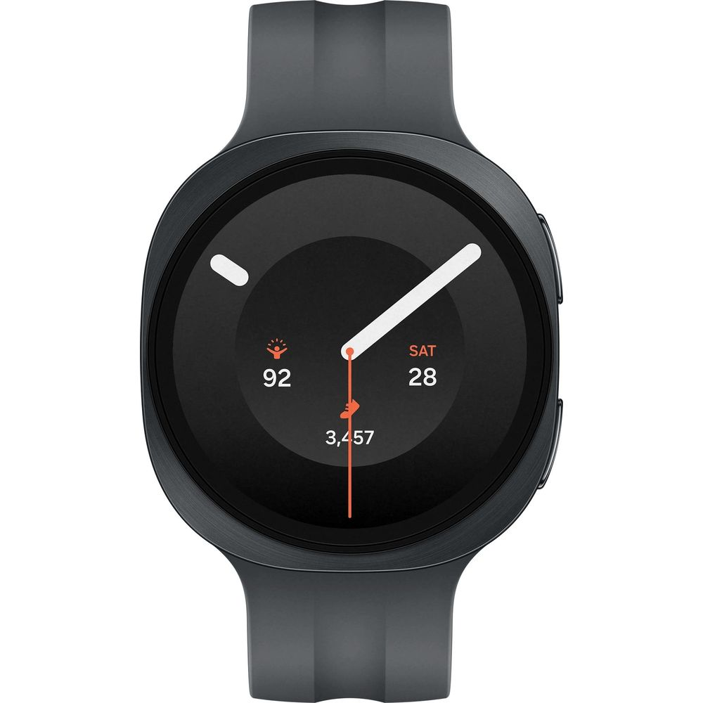 Schwarze Smartwatch mit rundem Zifferblatt, weißen Zeigern und Fitness-Daten auf dem Display.