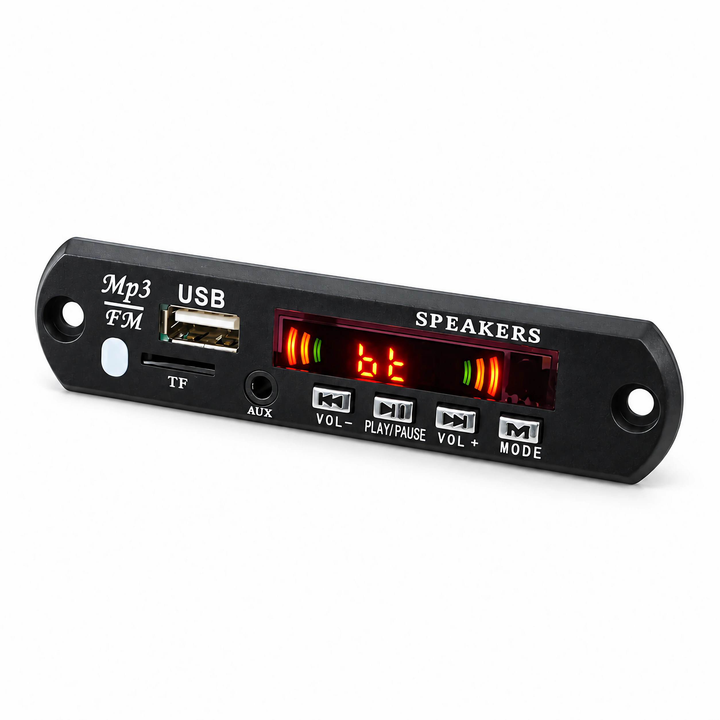 Schwarzes MP3-Player-Panel mit USB, AUX, TF-Kartenleser, roten LED-Anzeigen und vier Bedientasten.