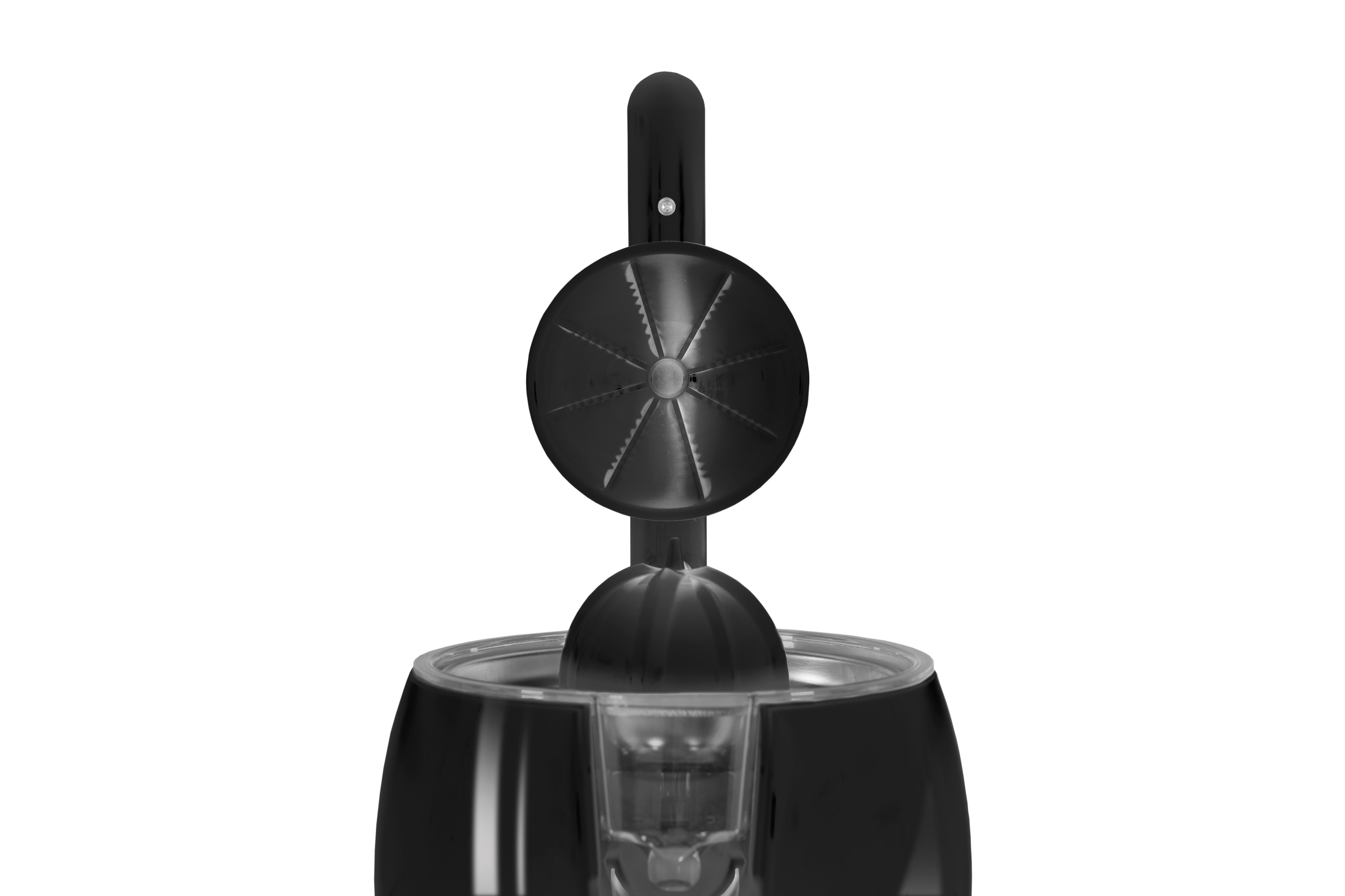 Schwarze elektrische Zitruspresse mit geöffnetem Deckel vor weißem Hintergrund.