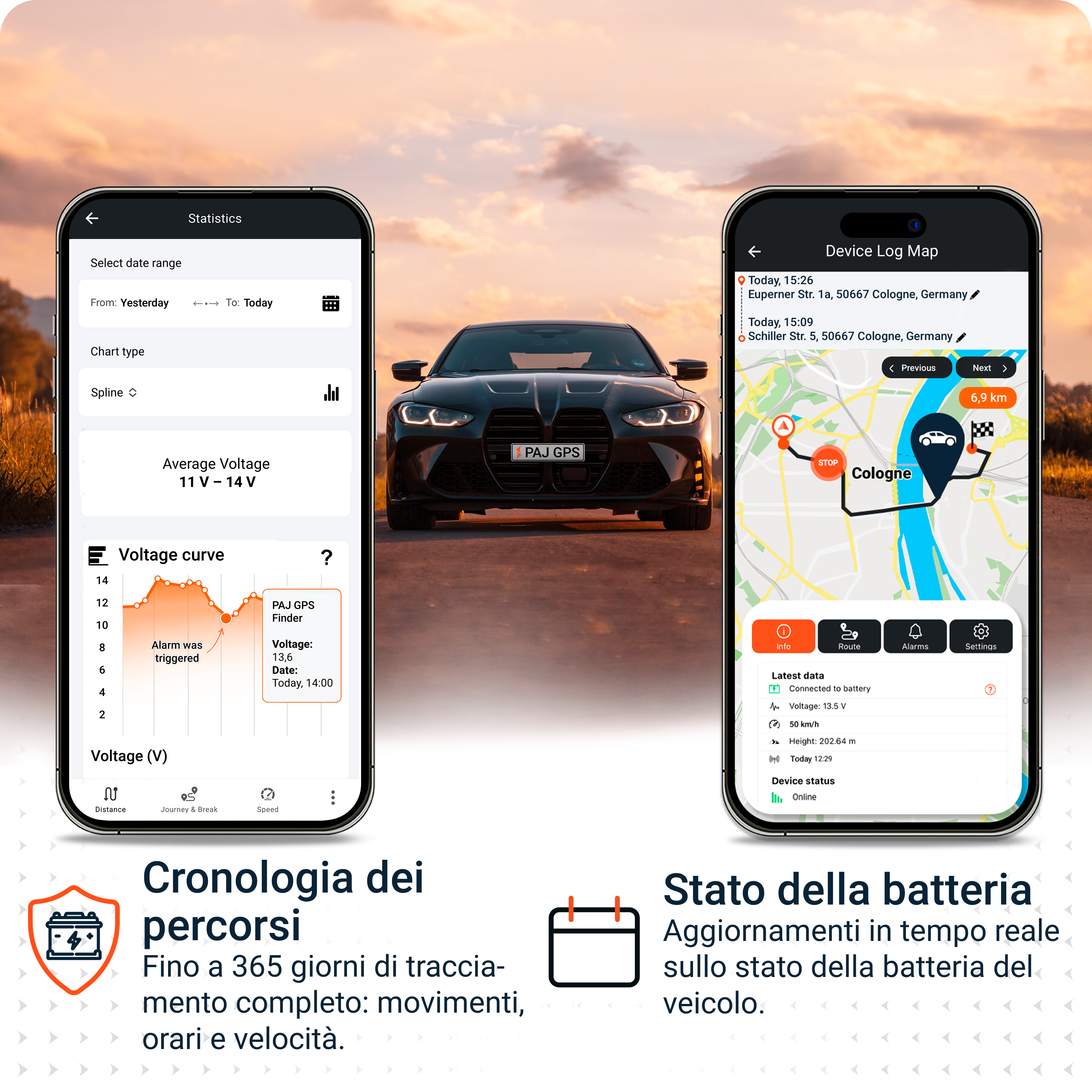 Due smartphone mostrano app di tracciamento GPS e dati della batteria davanti a un'auto al tramonto.