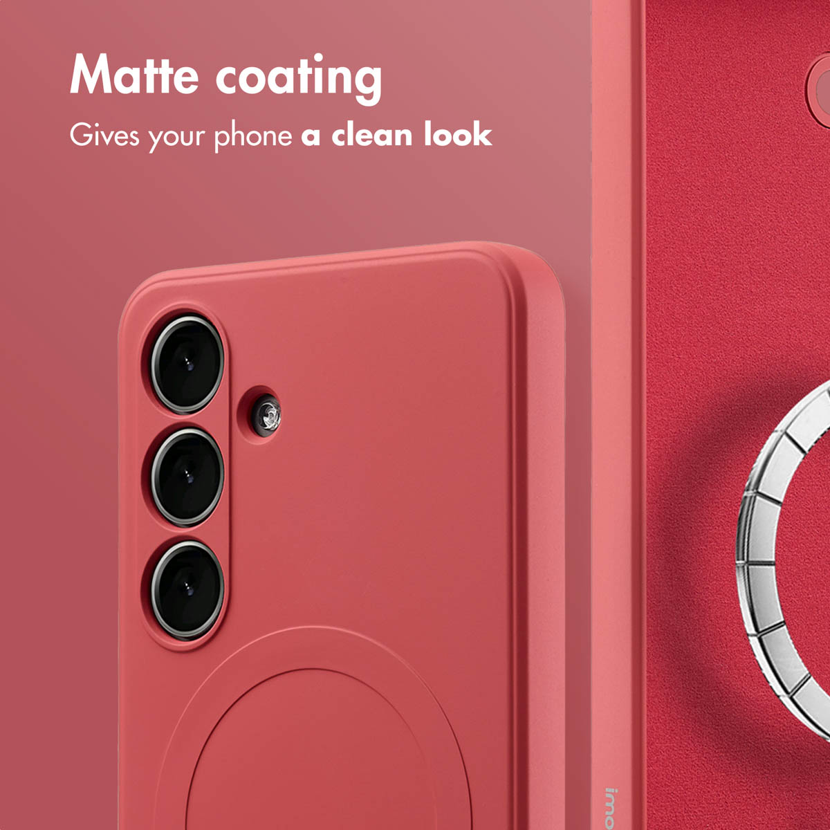 Smartphone rouge avec finition mate et objectifs de caméra verticaux sur fond rouge.