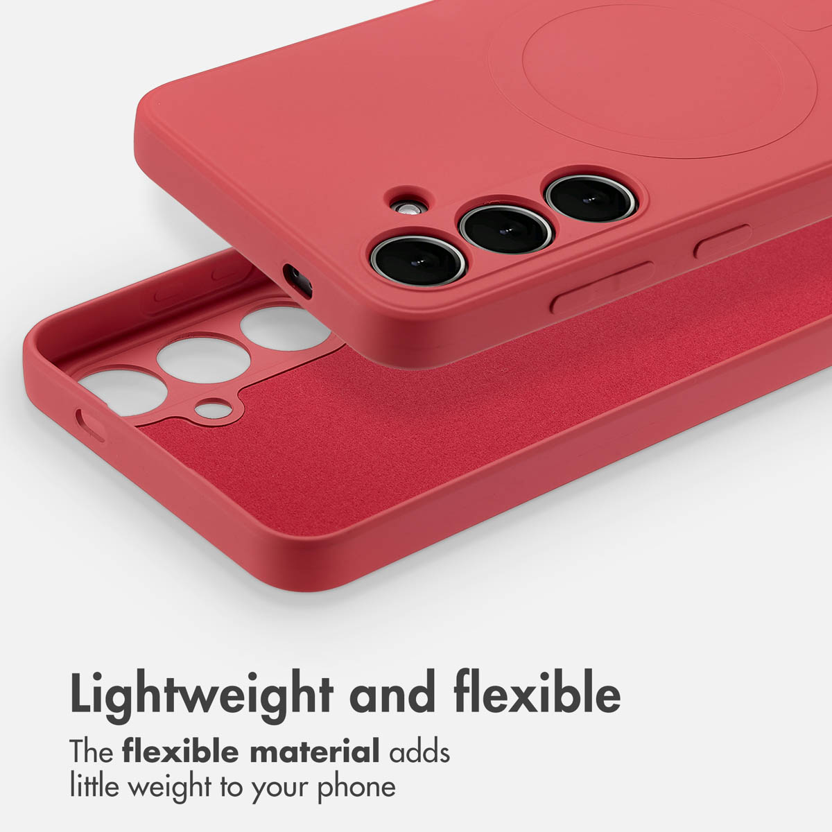 Deux coques de smartphone rouges sur fond blanc avec du texte.
