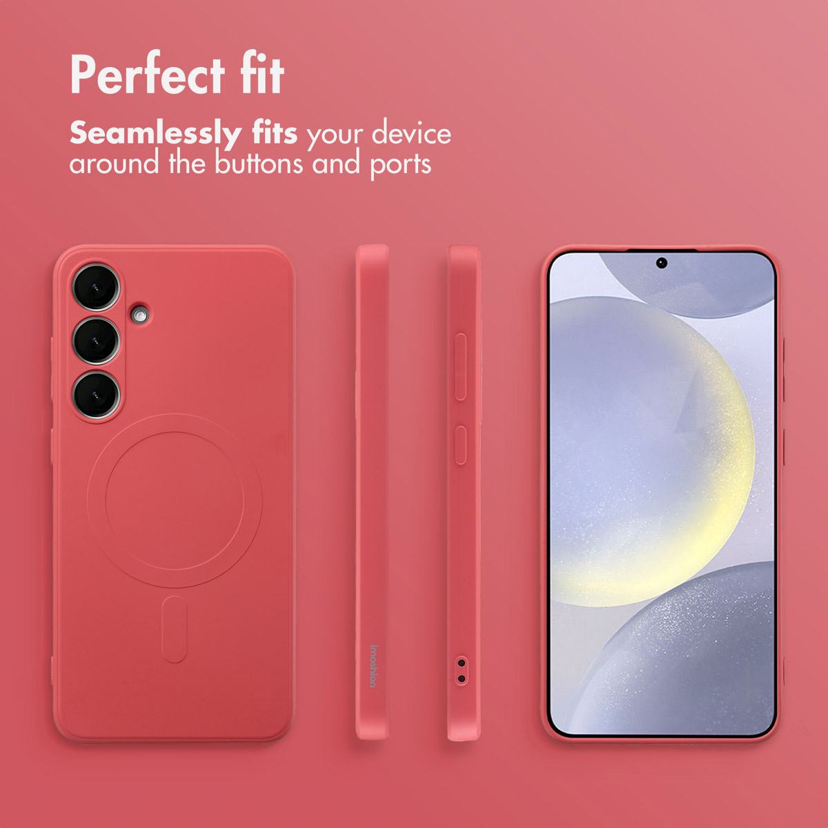 Coque rose sous plusieurs angles avec un smartphone sur fond rose, avec du texte sur l'ajustement.