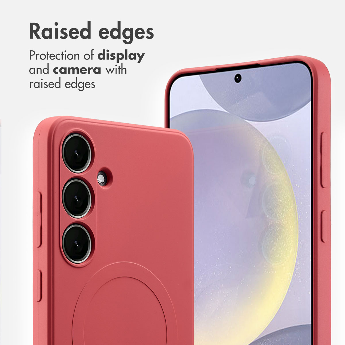 Un smartphone rouge dans une coque de protection avec des bords surélevés.