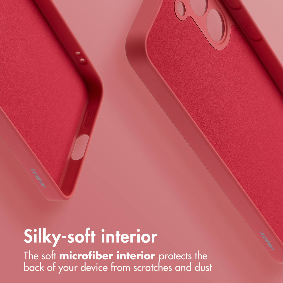 Deux coques de smartphone rouges avec intérieur en microfibre douce sur fond rose.