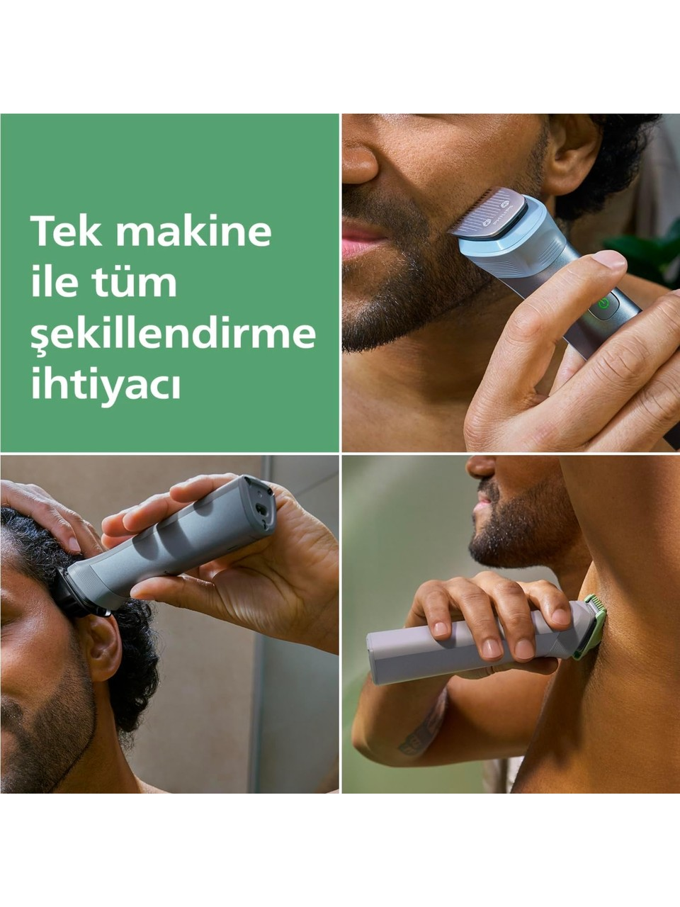 Bir adam sakal, saç ve vücut bakımı için gri bir tıraş makinesi kullanıyor.