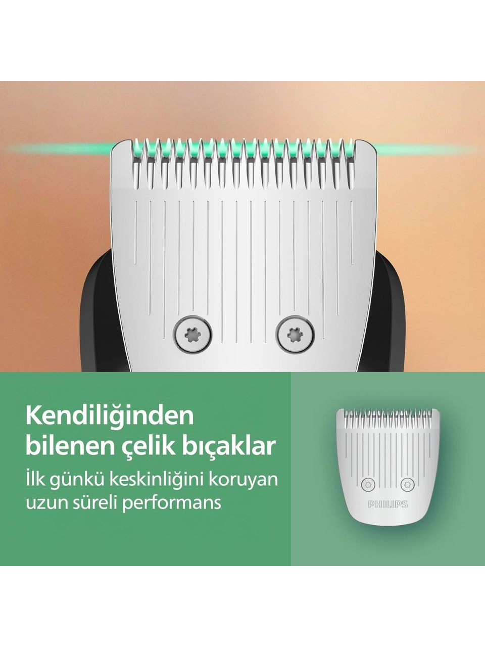 Türkçe metin içeren bir tıraş makinesinin kendiliğinden bilenen çelik bıçaklarının yakın planı.