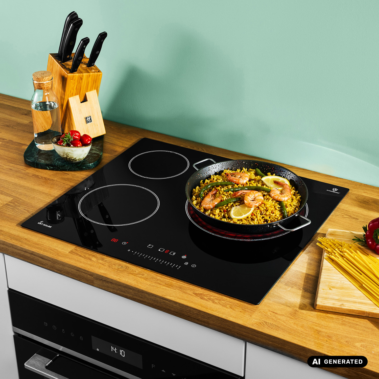 Eine Pfanne mit Paella steht auf einem modernen Induktionskochfeld in einer Holzküche.