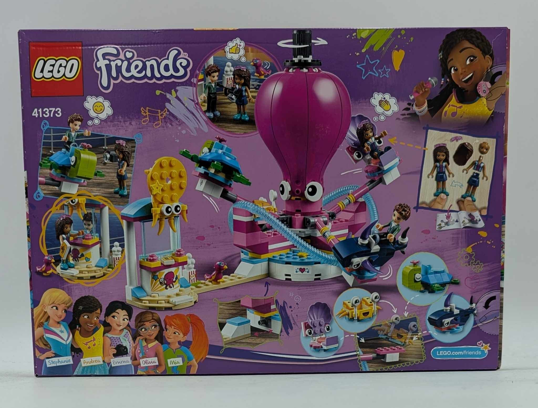 Rückseite der LEGO Friends 41373 Set-Box mit einem lila Oktopus-Freizeitparkgeschäft.