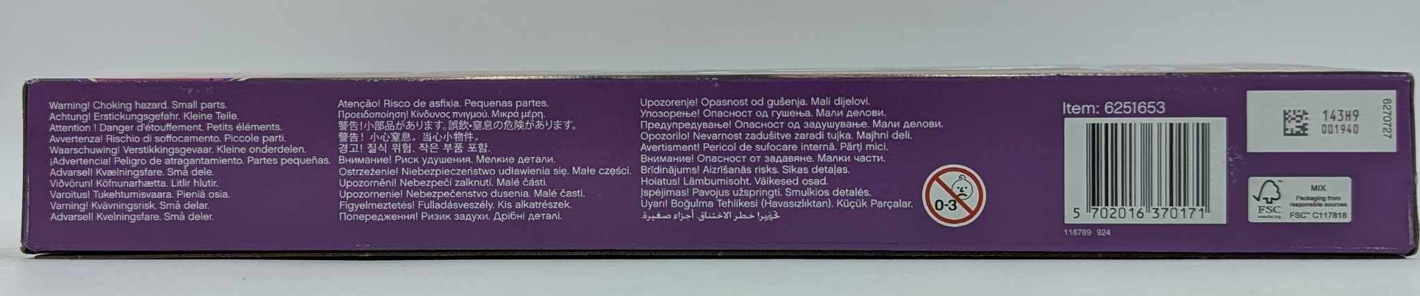 Lila Verpackungsunterseite mit mehrsprachigen Warnhinweisen, Strichcode und FSC-Logo.