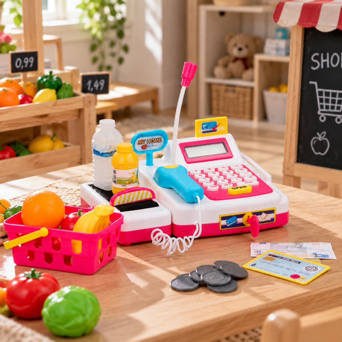 A pink toy supermarket cash register with microphone, coins, credit card, and a small basket filled with fruit and vegetables.