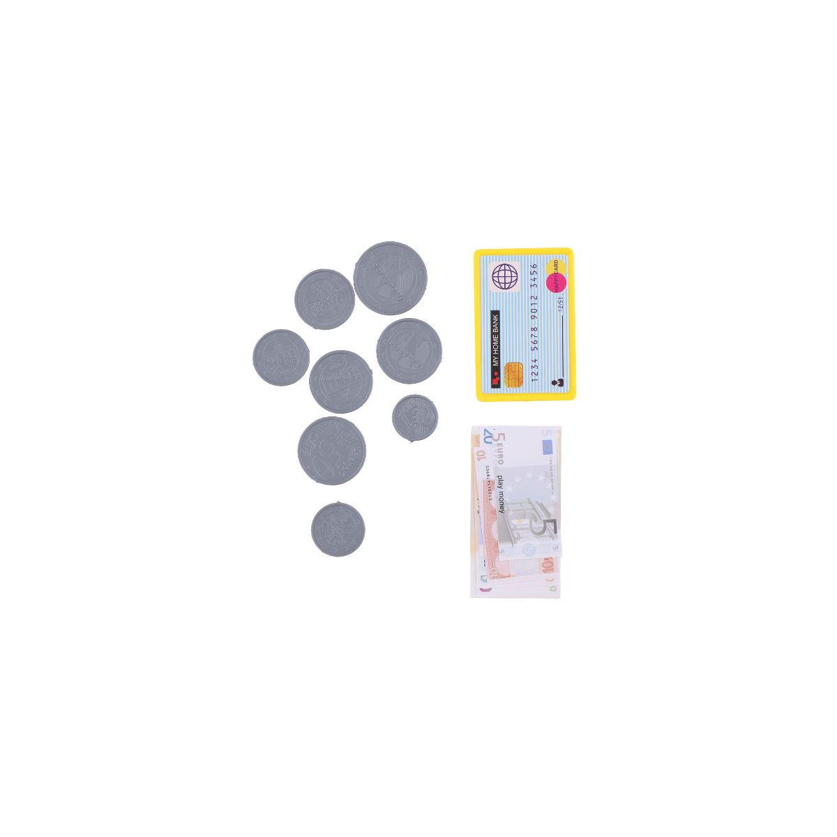 Play money set featuring grey plastic coins, banknotes, and a colorful toy credit card on a white background.