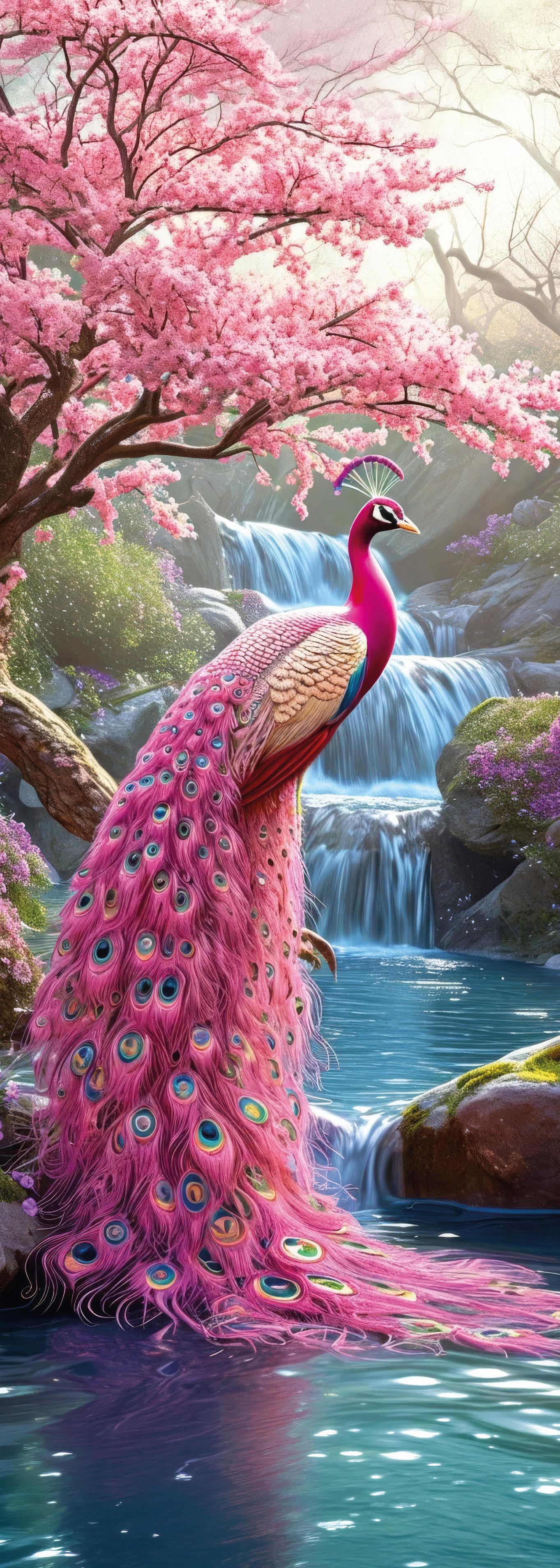 Pembe bir tavus kuşu şelale ve çiçek açmış bir kiraz ağacının yanında duruyor.