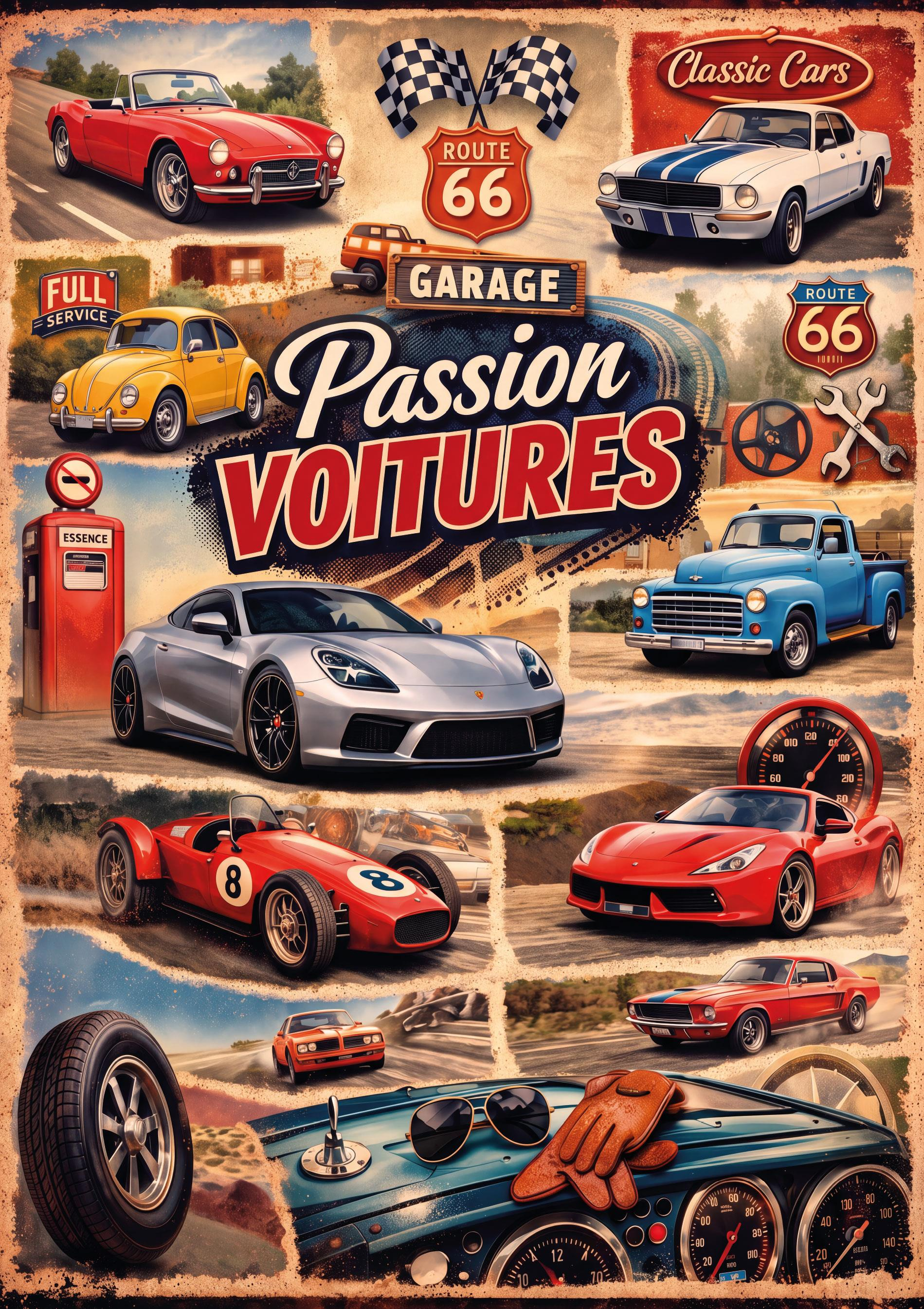 Klasik arabalar, Route 66 tabelaları, benzin pompası ve aksesuarlar içeren retro poster.