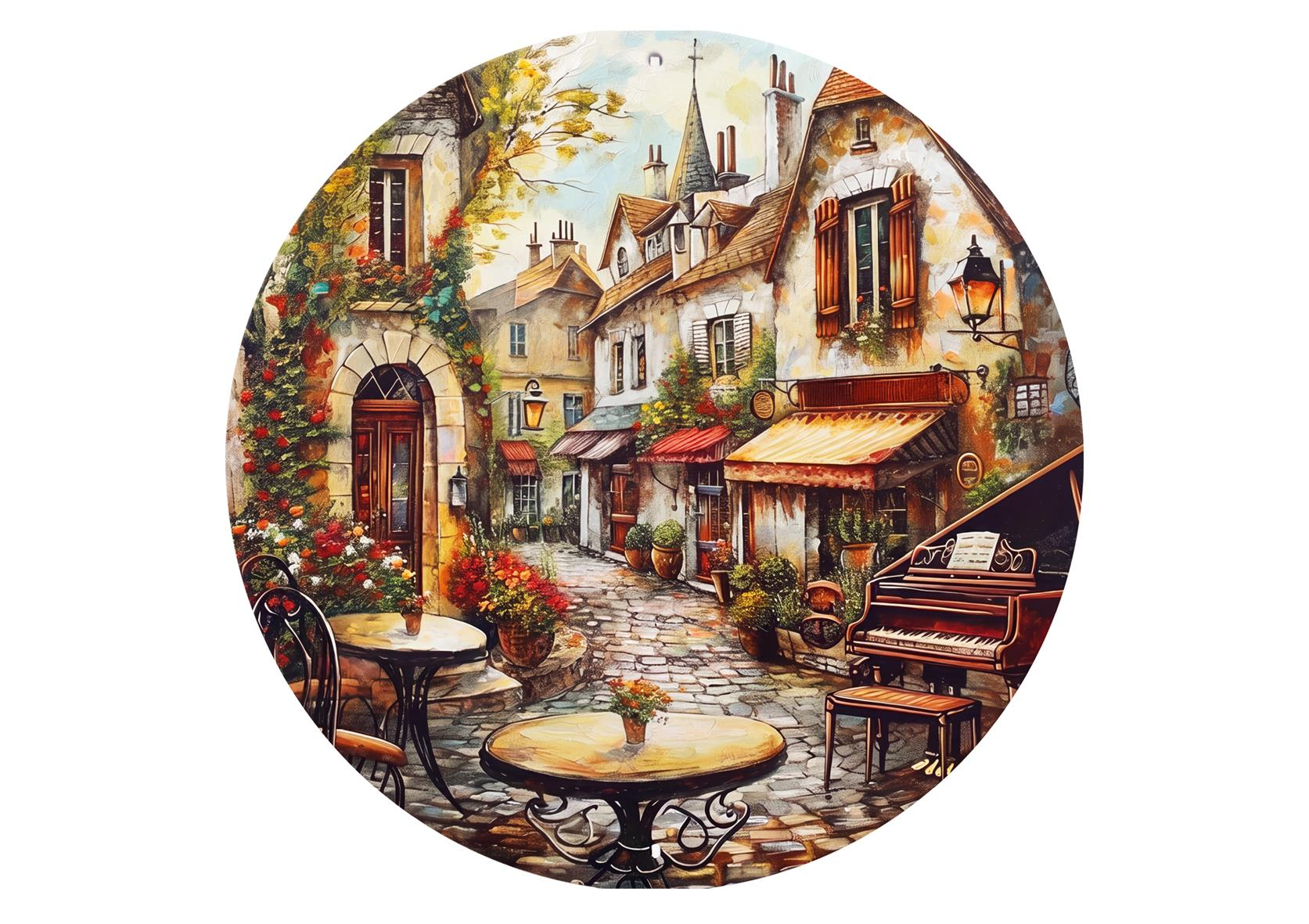 Kafe masaları, çiçekler ve bir piyano ile şirin bir Avrupa sokağının tablosu.